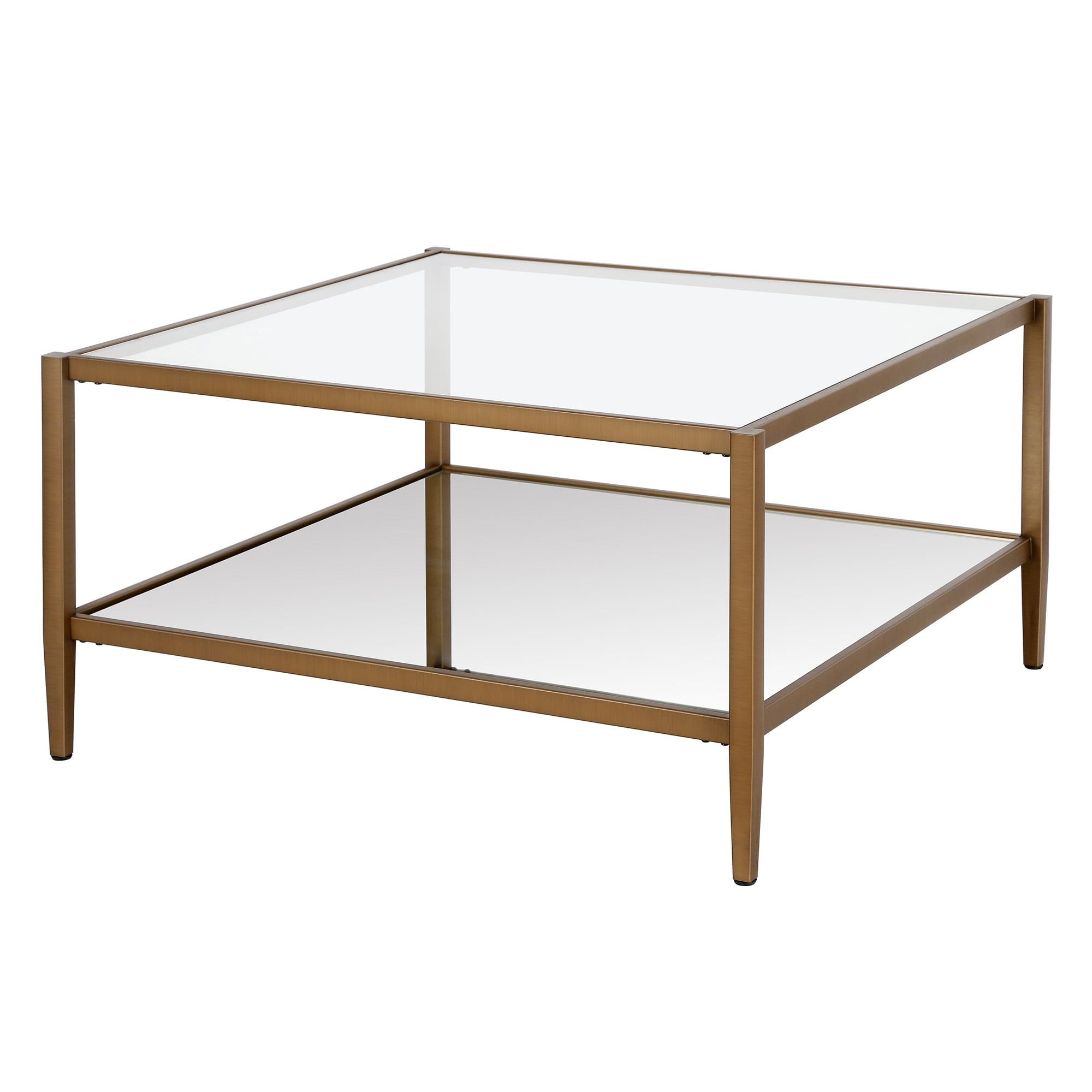 Hera Antique Brass 32" Square Coffee Table with Mirrored Shelf