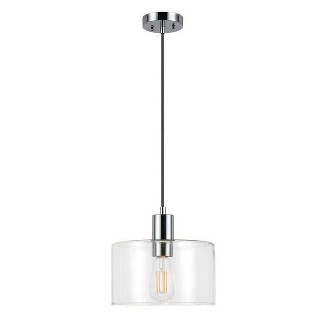 Contemporary Polished Nickel Drum Pendant with Hand-Blown Glass Shade