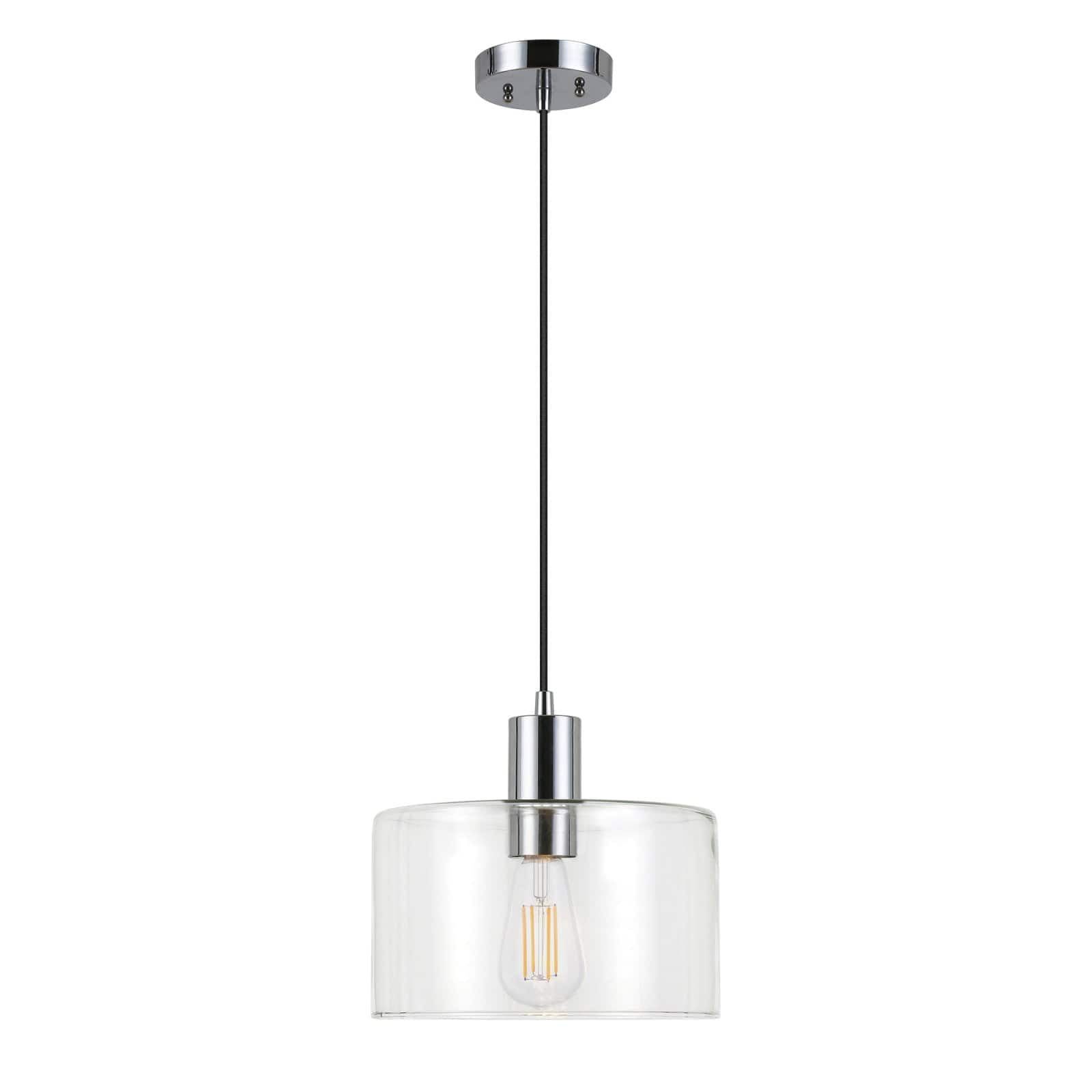 Contemporary Polished Nickel Drum Pendant with Hand-Blown Glass Shade