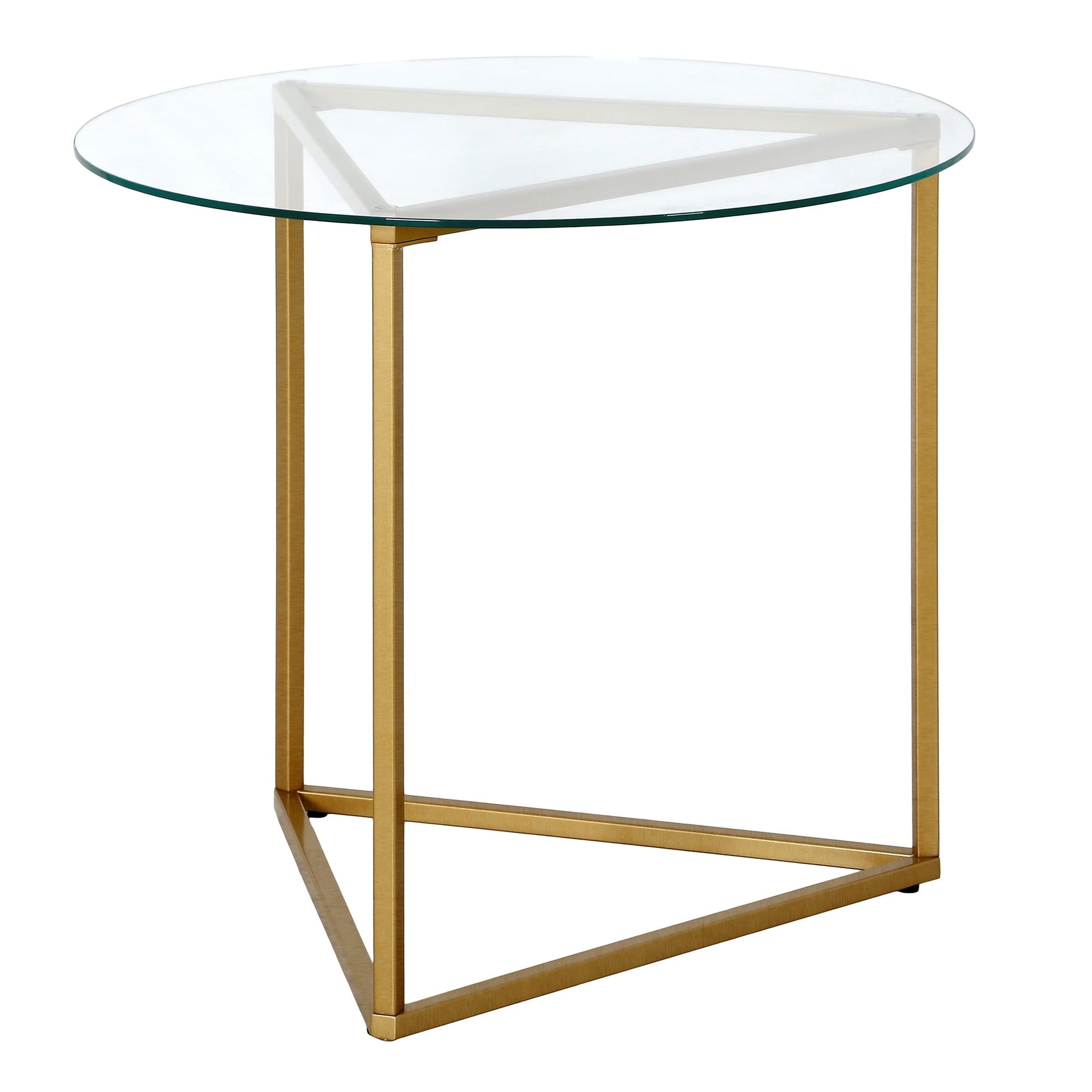 Scandinavian 24" Brass Glass Round Side Table with Geometric Base