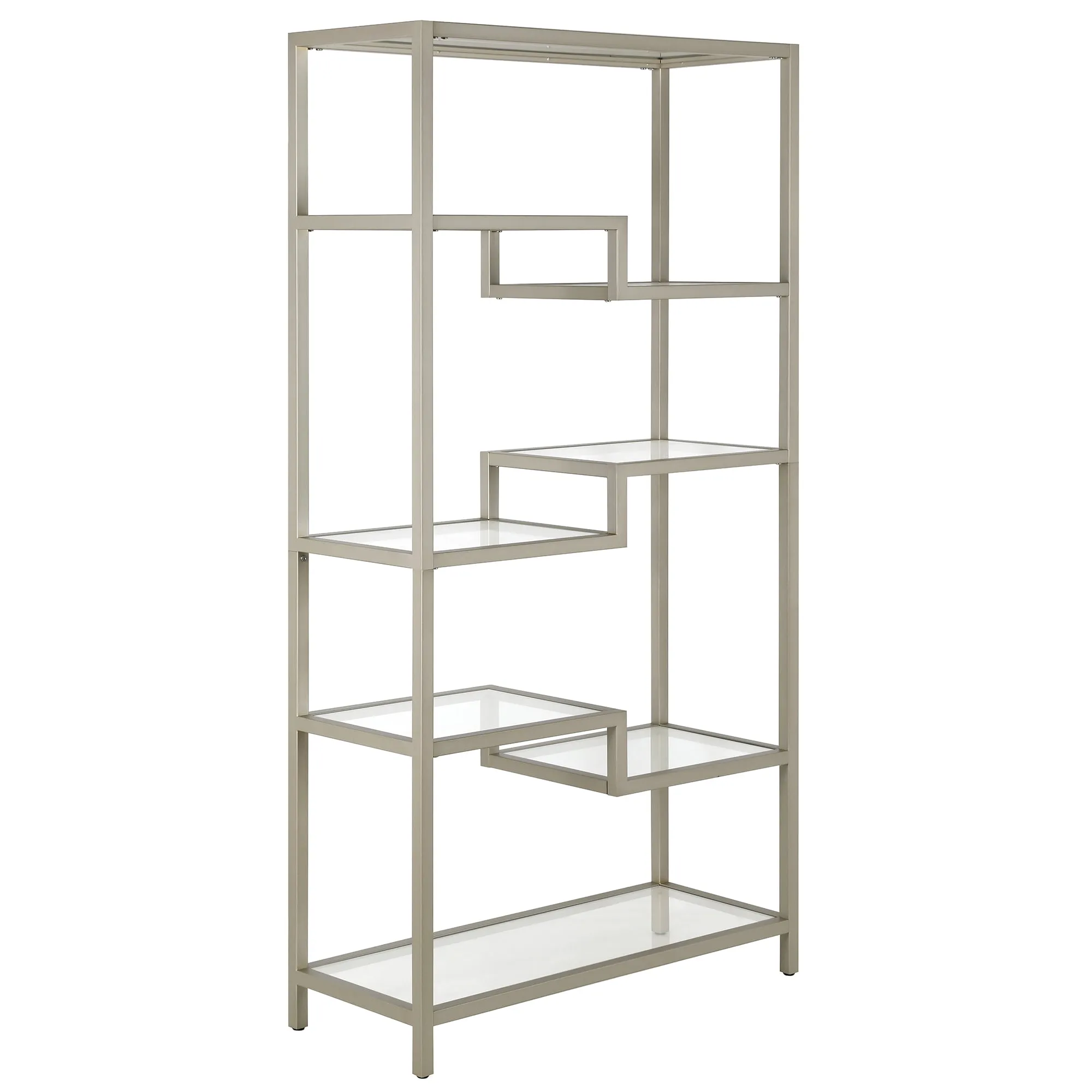 Johann Modern 68" Satin Nickel Metal and Tempered Glass Bookcase