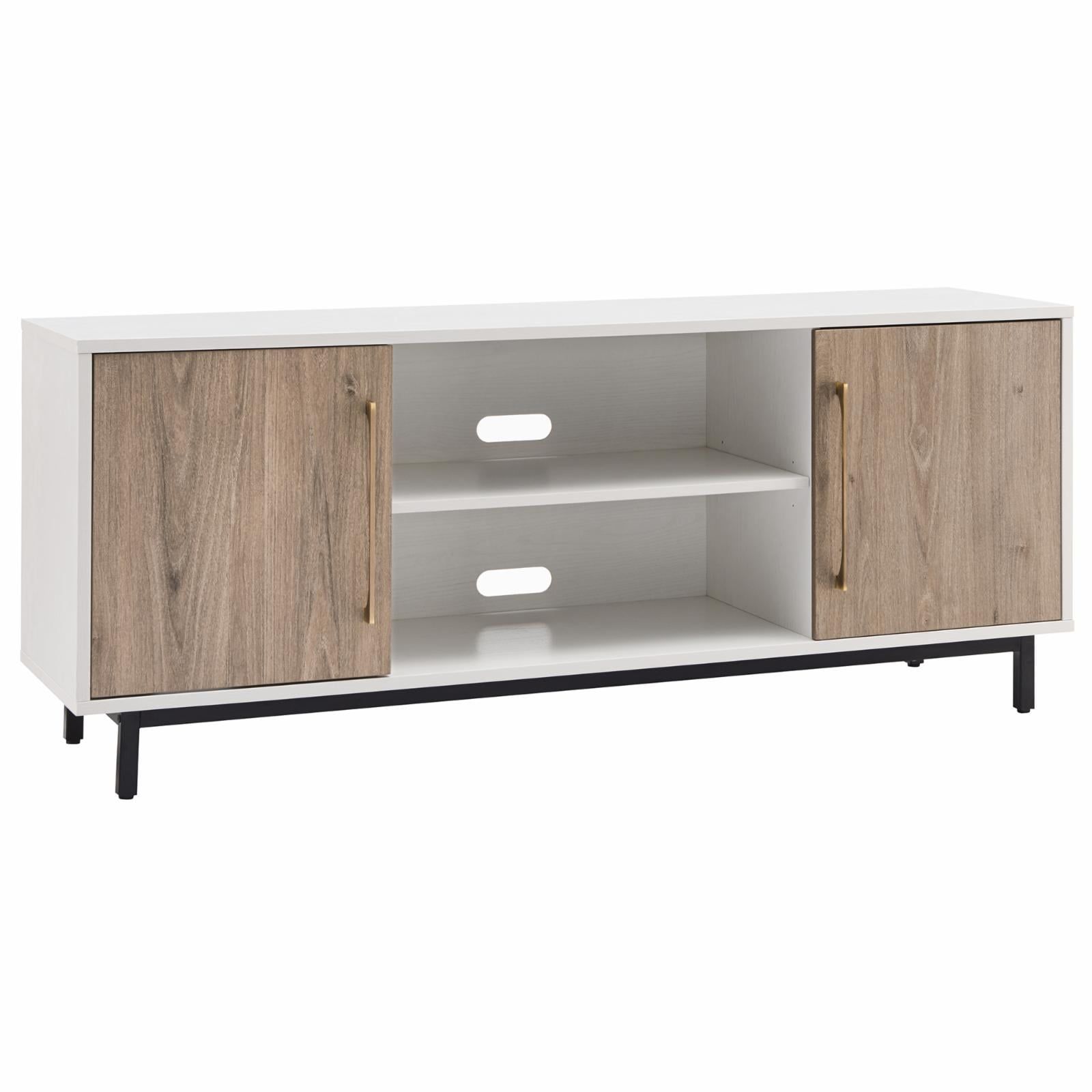 Julian Mid-Century Modern TV Stand in White & Antiqued Gray Oak with Brass Handles