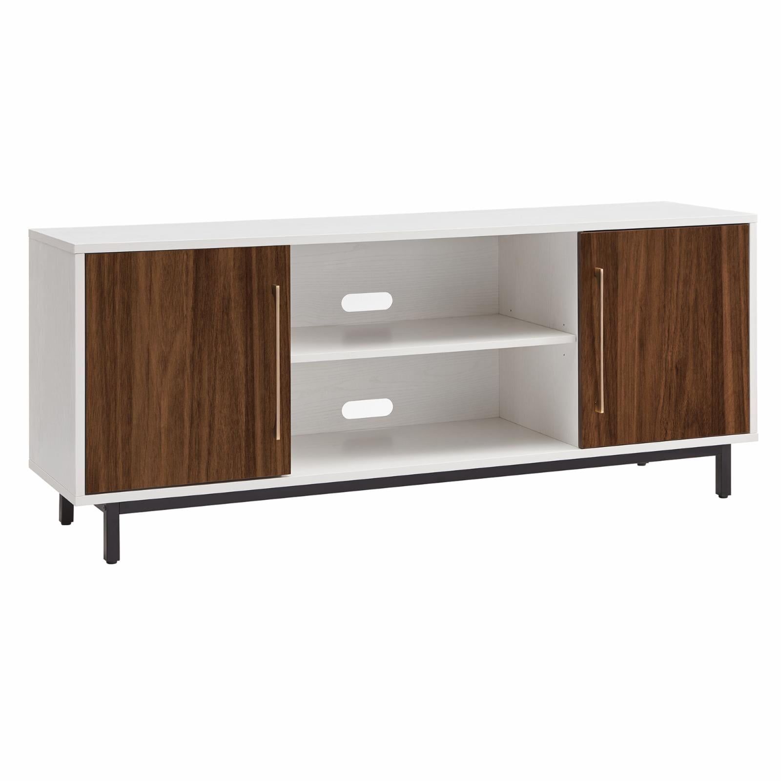 58" White and Walnut MDF TV Stand with Cabinet and Mount