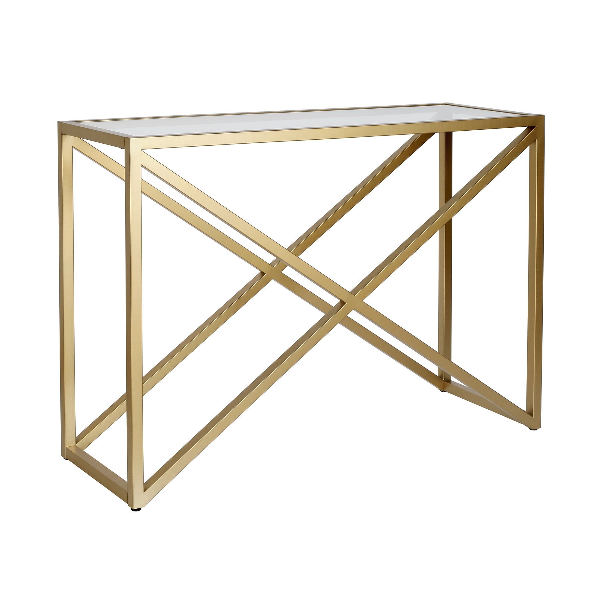 Brass and Glass Console Table with Storage Shelves