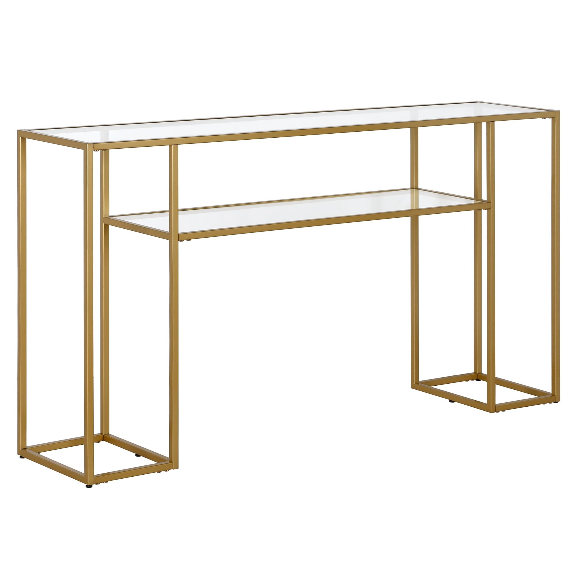 Art Deco Inspired 55" Brass & Glass Console Table with Shelf