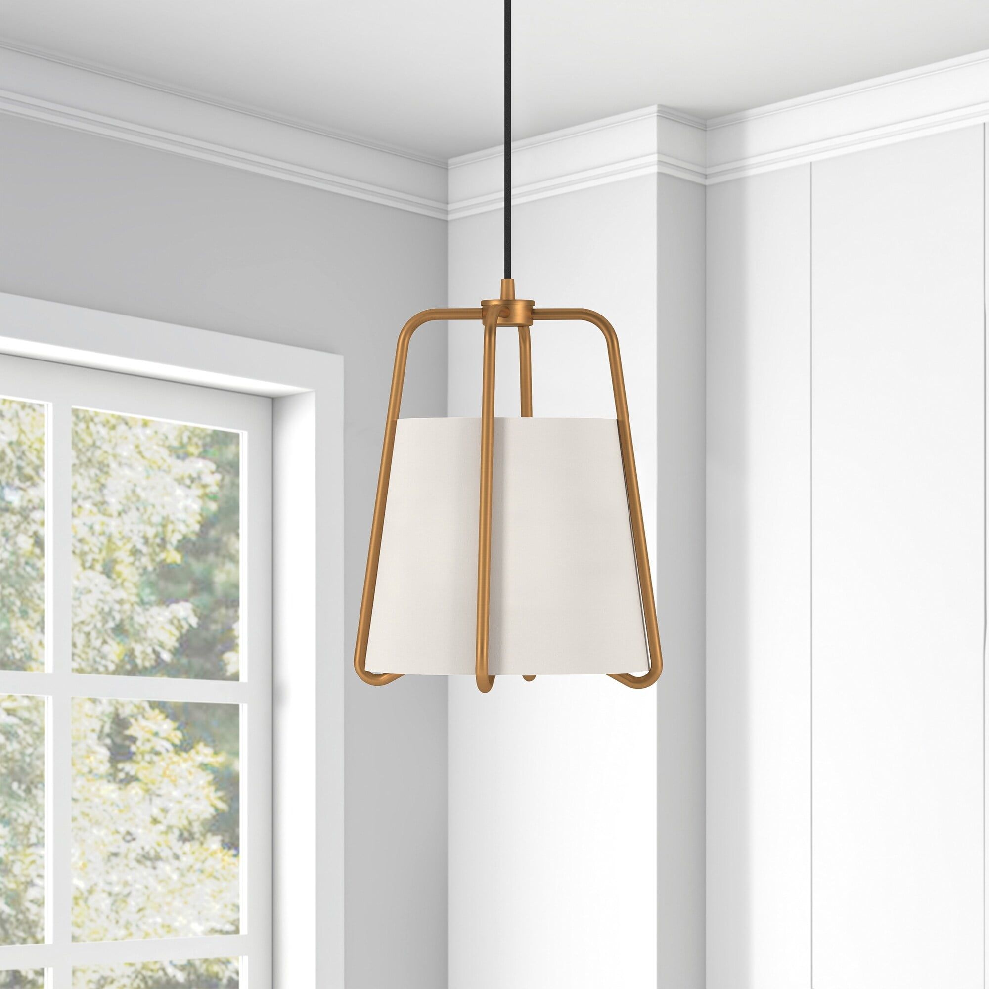 Antique Brass and White Linen Drum Pendant Light
