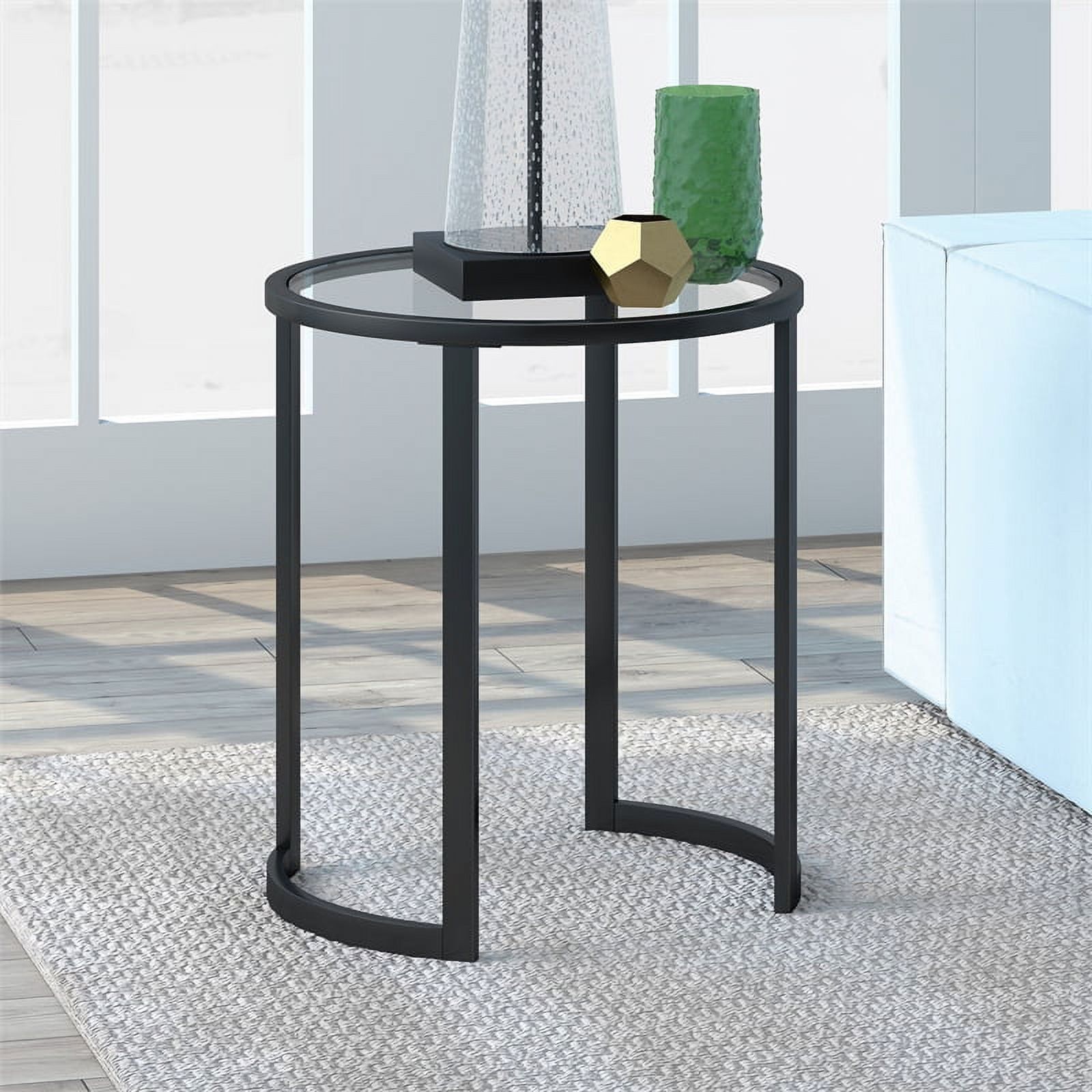 Blackened Bronze Round Metal and Glass Side Table