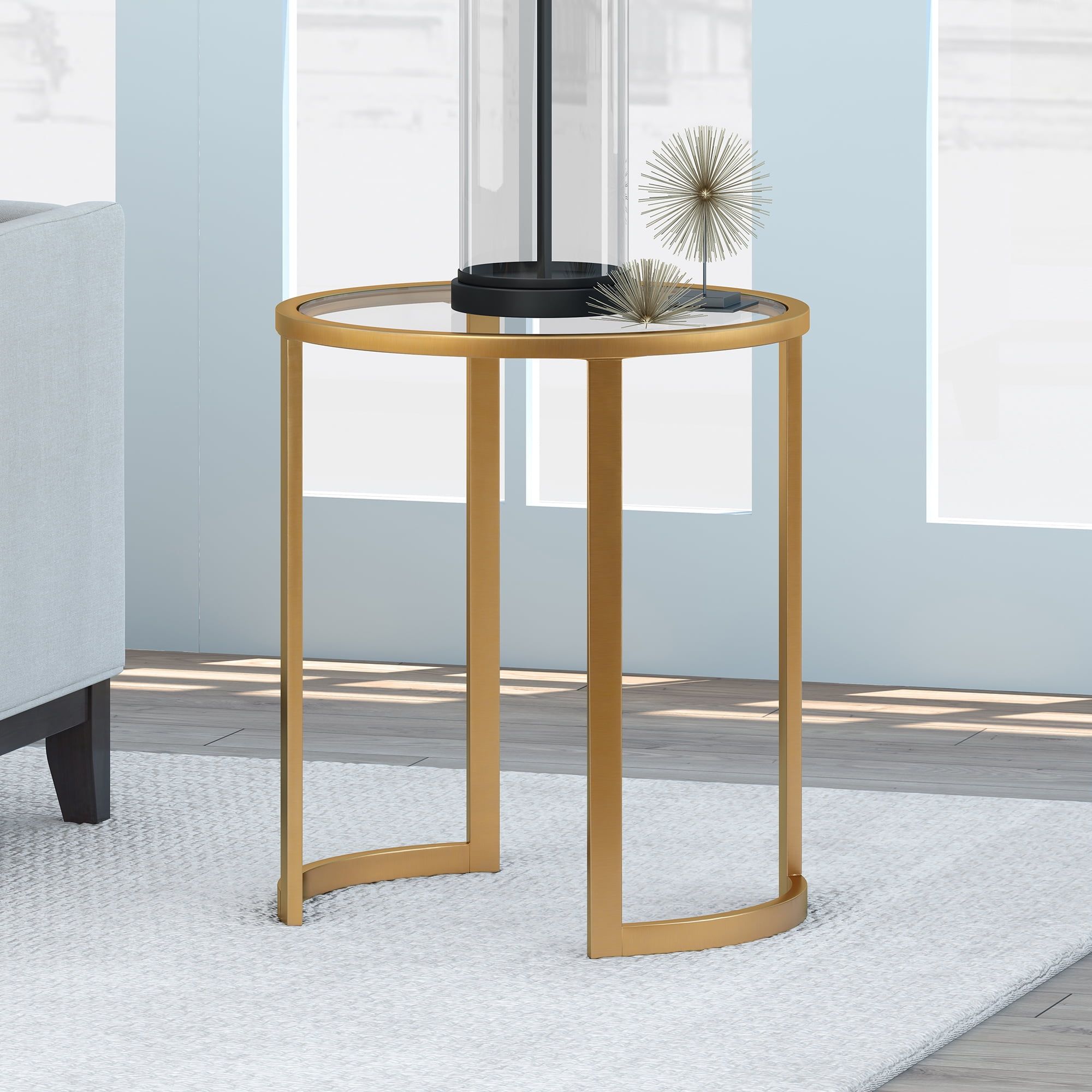 Mitera 20" Brass Round Side Table with Glass Top