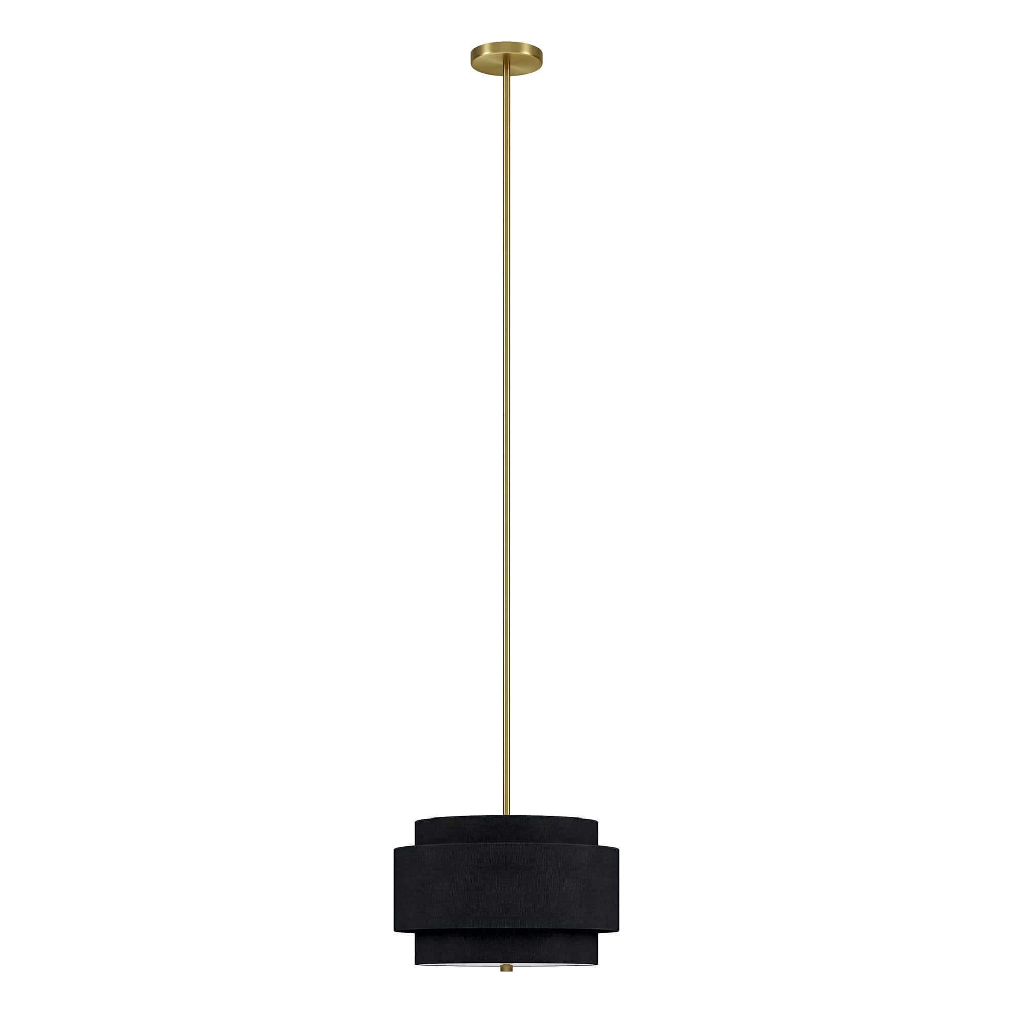 Brass and Black Double Drum Pendant Light with Fabric Shade