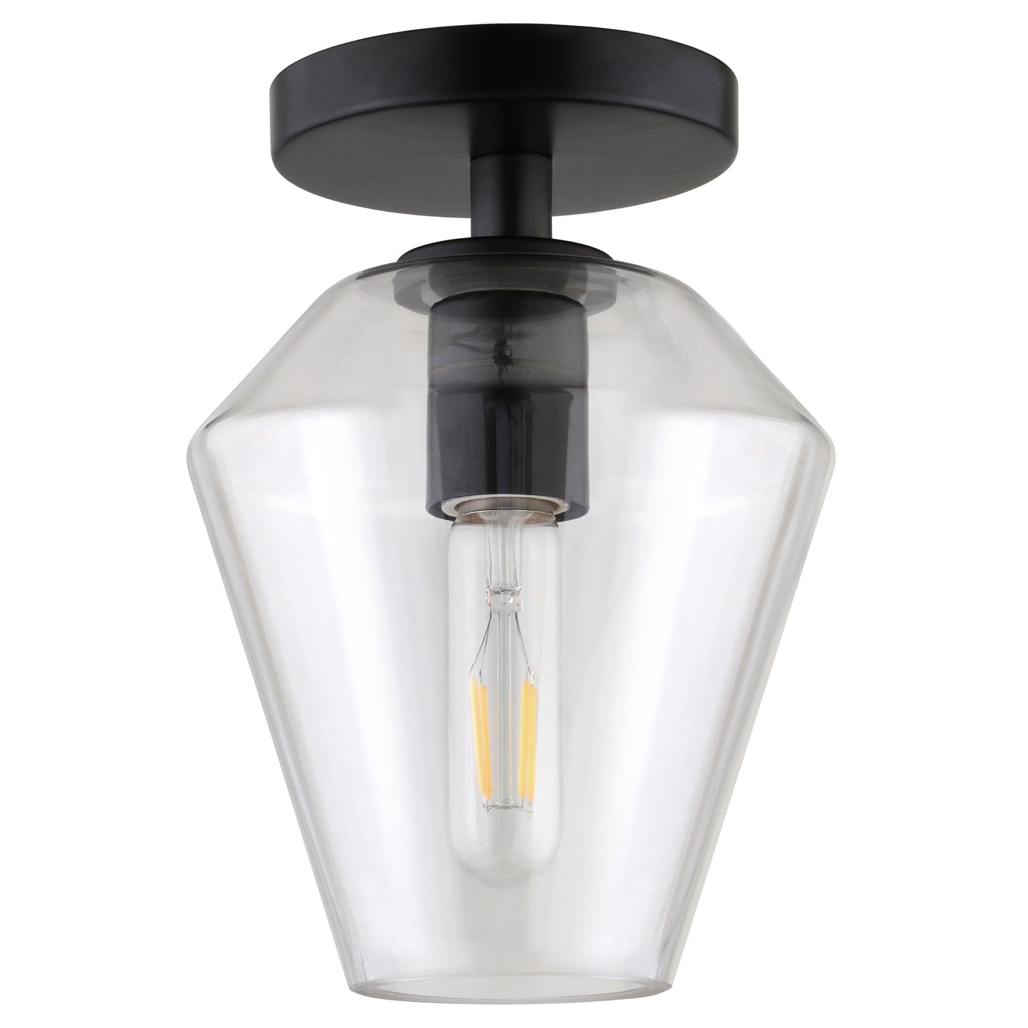 Gem-Shaped Matte Black Semi-Flush Mount with Glass Shade