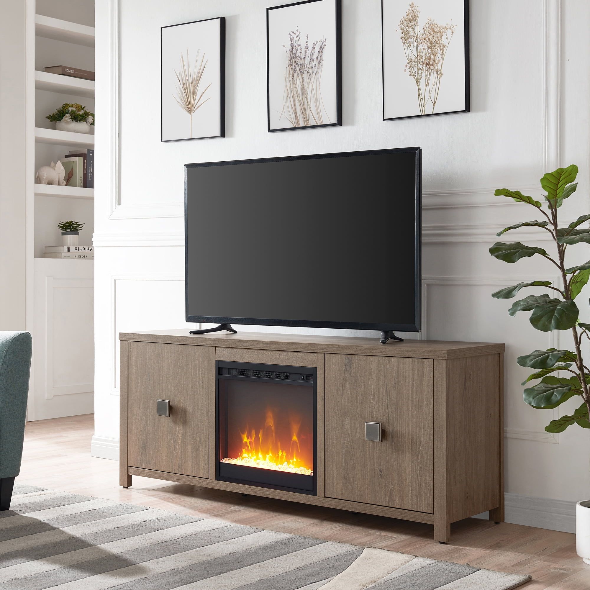 Antiqued Gray 58" TV Stand with Crystal Fireplace Insert