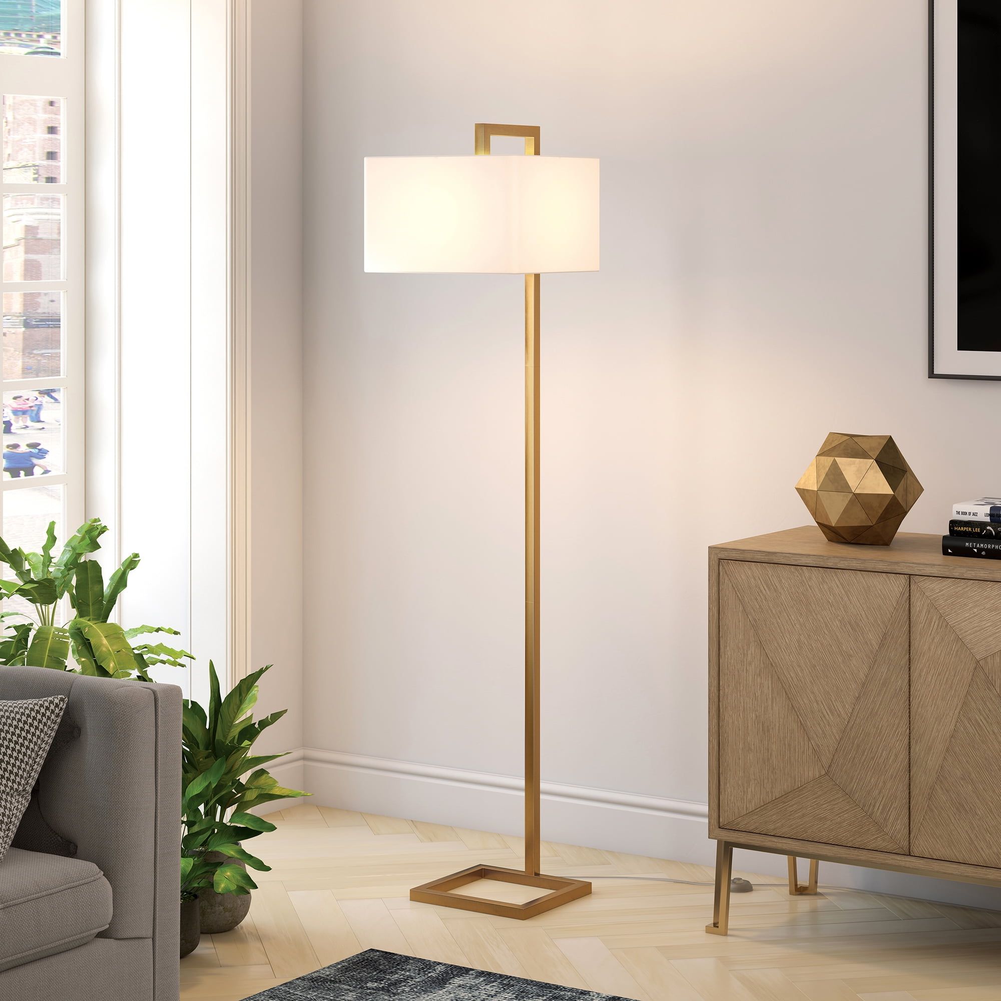 Arc Brass Finish 68'' Floor Lamp with Chiffon White Linen Shade