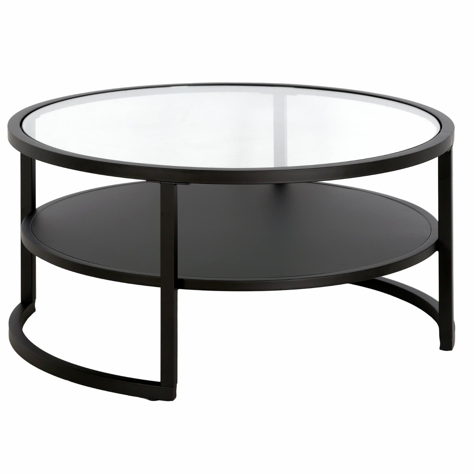 Elegant Industrial Round Coffee Table with Tempered Glass Top and Metal Shelf