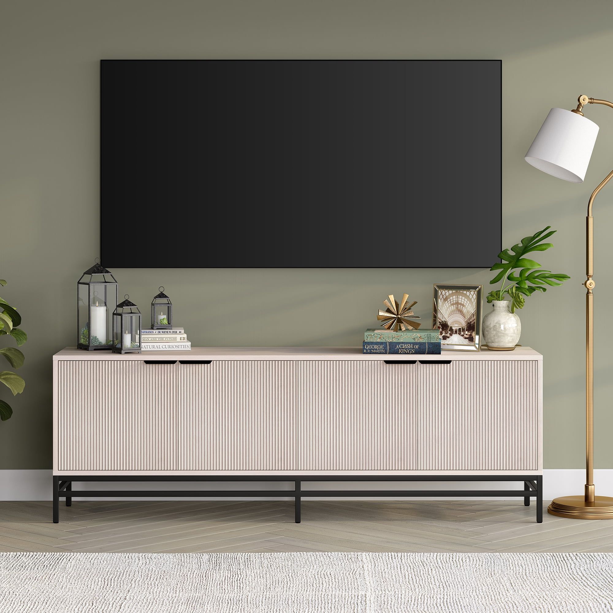 Alder White 70" Modern TV Stand with Fluted Cabinet Doors