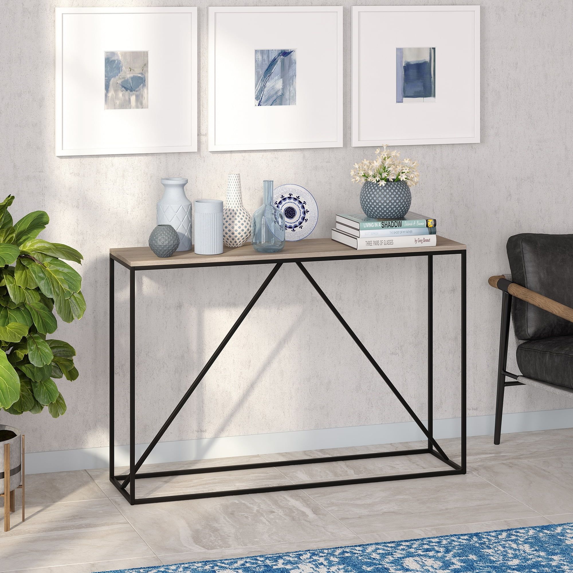 Nia 45" Blackened Bronze and Gray Oak Console Table