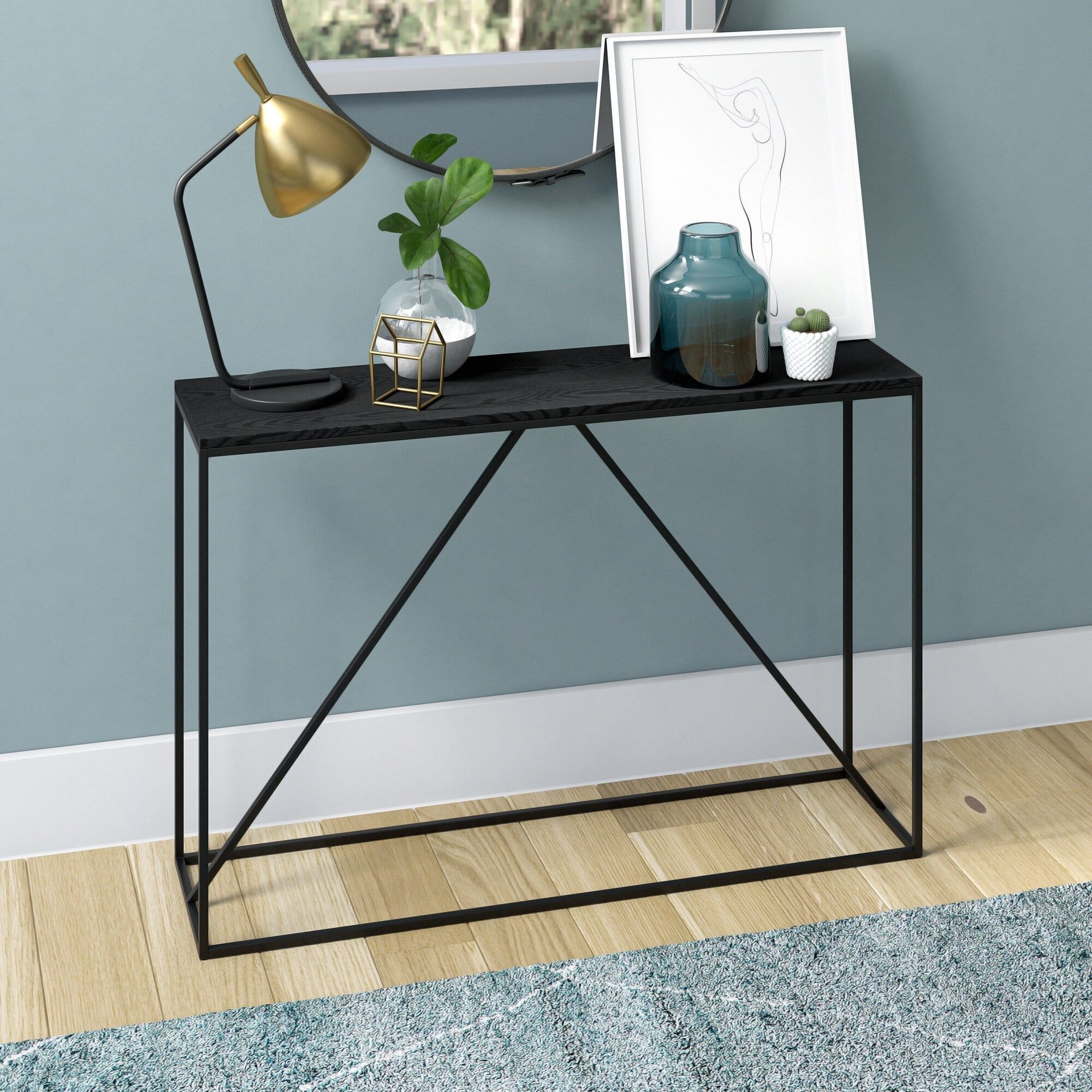 Nia Blackened Bronze & Black Grain 45" Console Table with Metal Frame