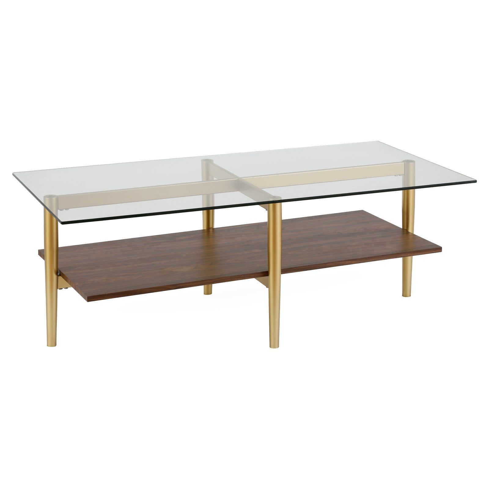 47'' Gold and Walnut Rectangular Glass Coffee Table