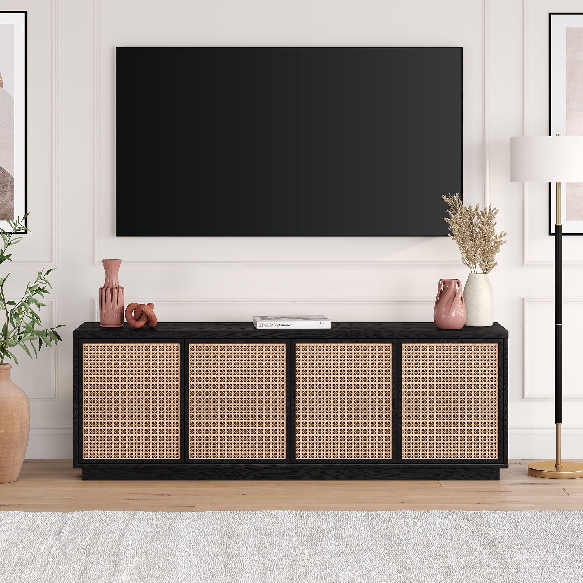 Black Grain Faux Rattan 78" TV Stand with Cabinets