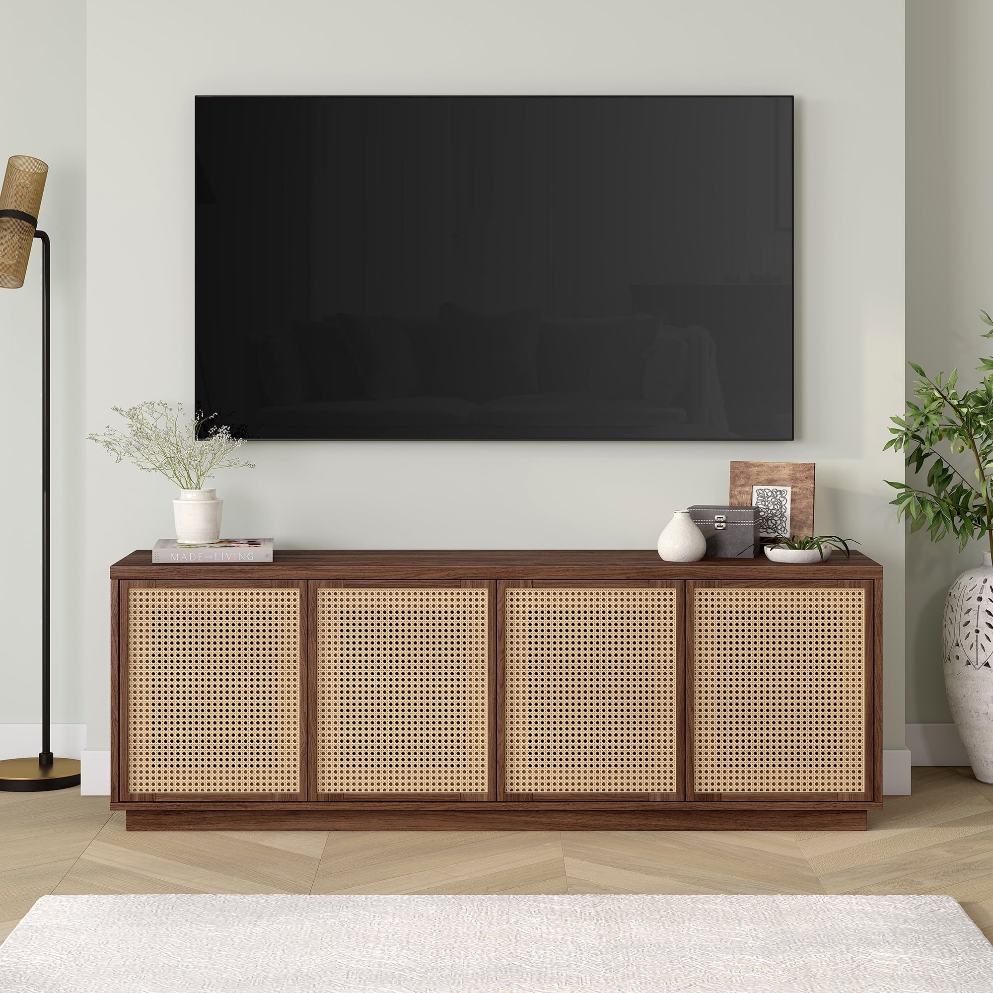 Satin Walnut Rectangular TV Stand with Faux Rattan Cabinets