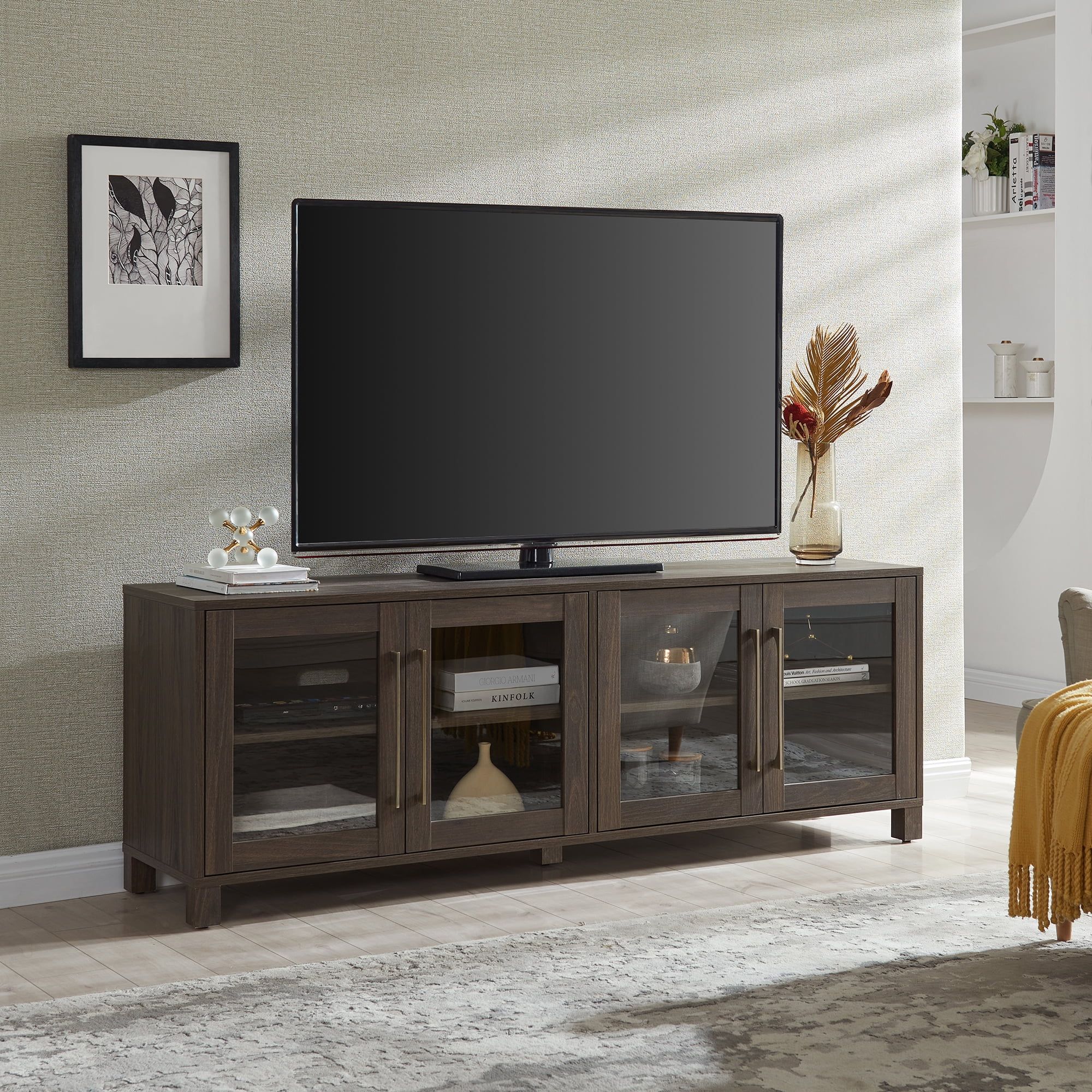 Alder Brown Rectangular TV Stand with Glass Doors