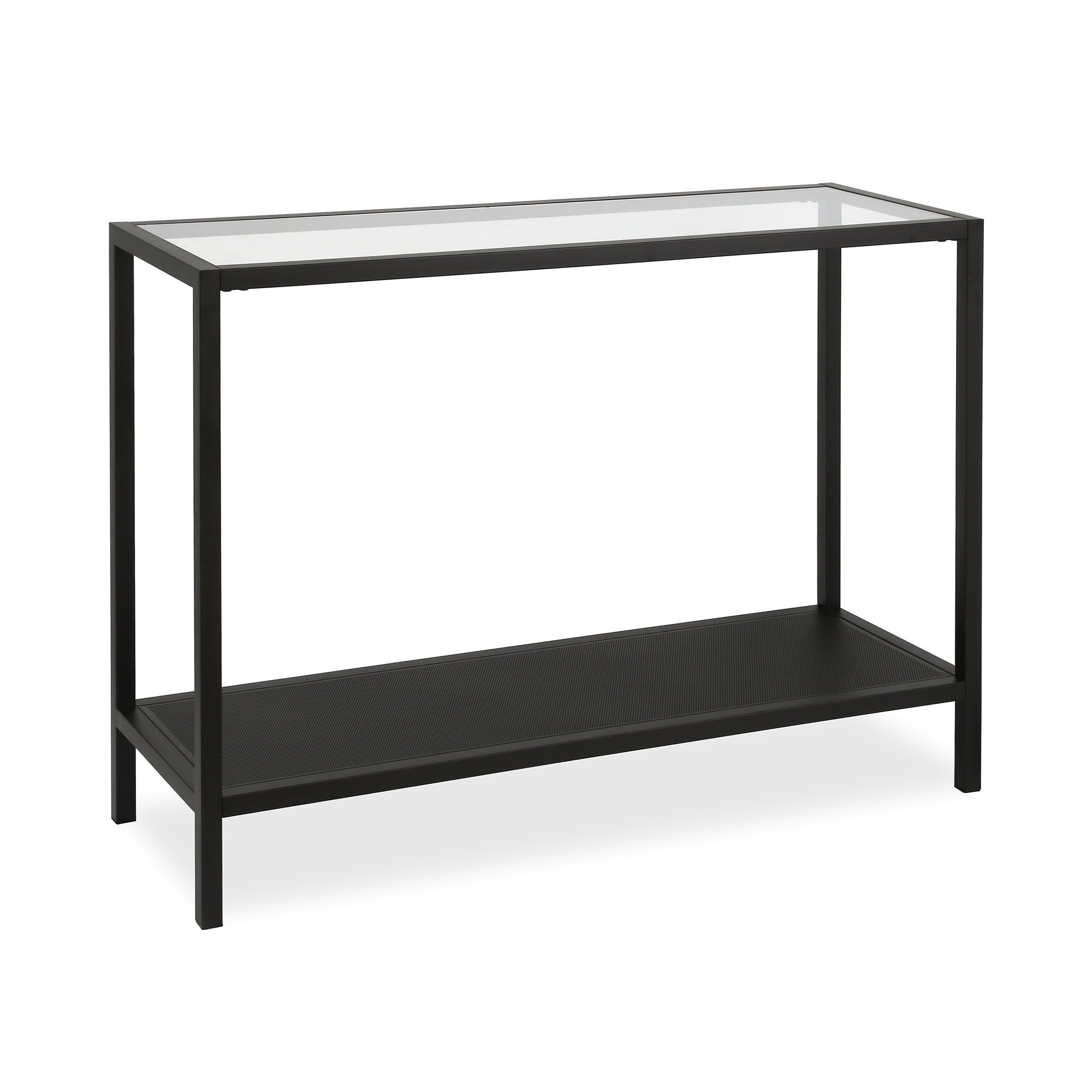 Sleek Blackened Bronze & Glass Console Table with Storage Shelf