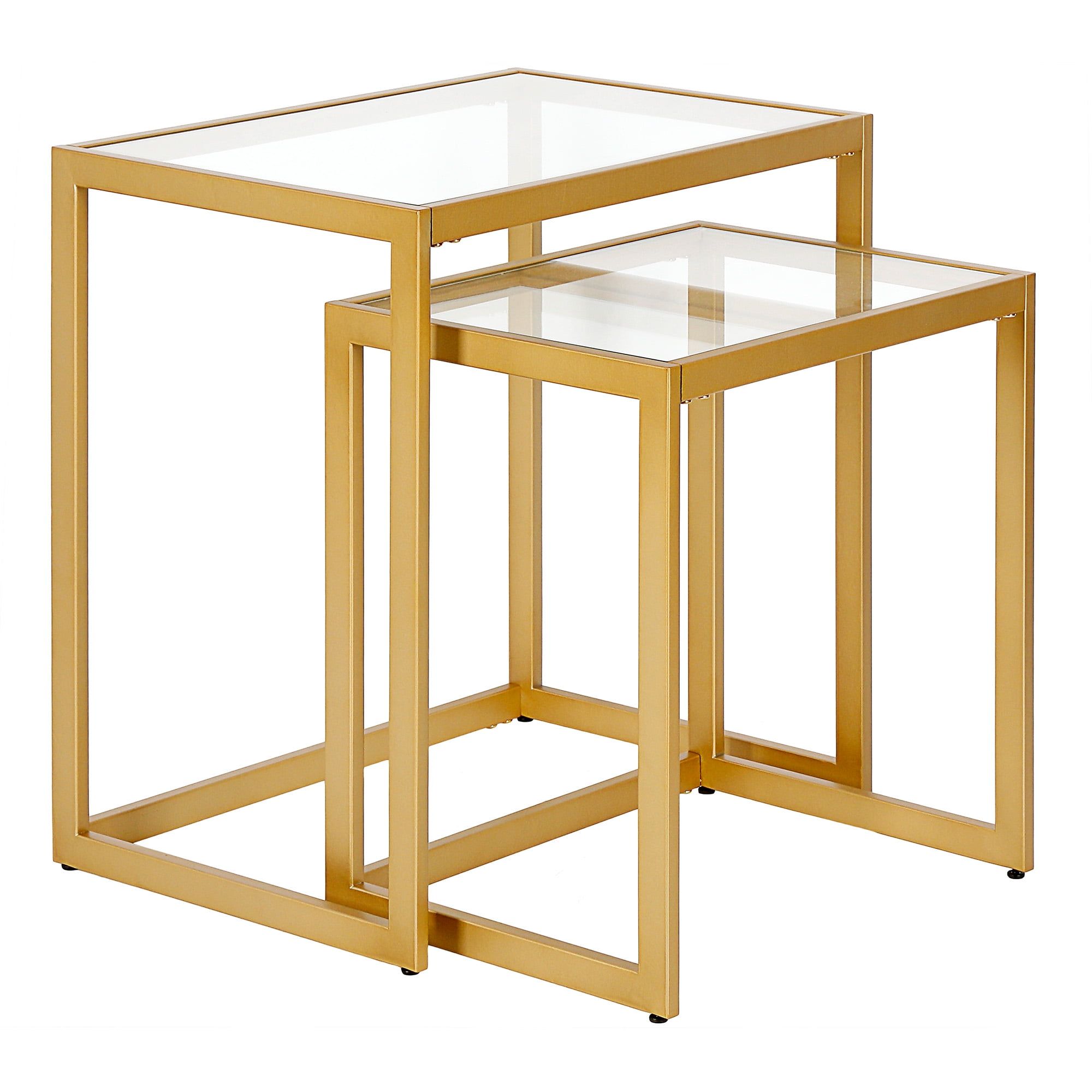 Gold Rectangular Metal and Glass Nested Accent Tables, Set of 2