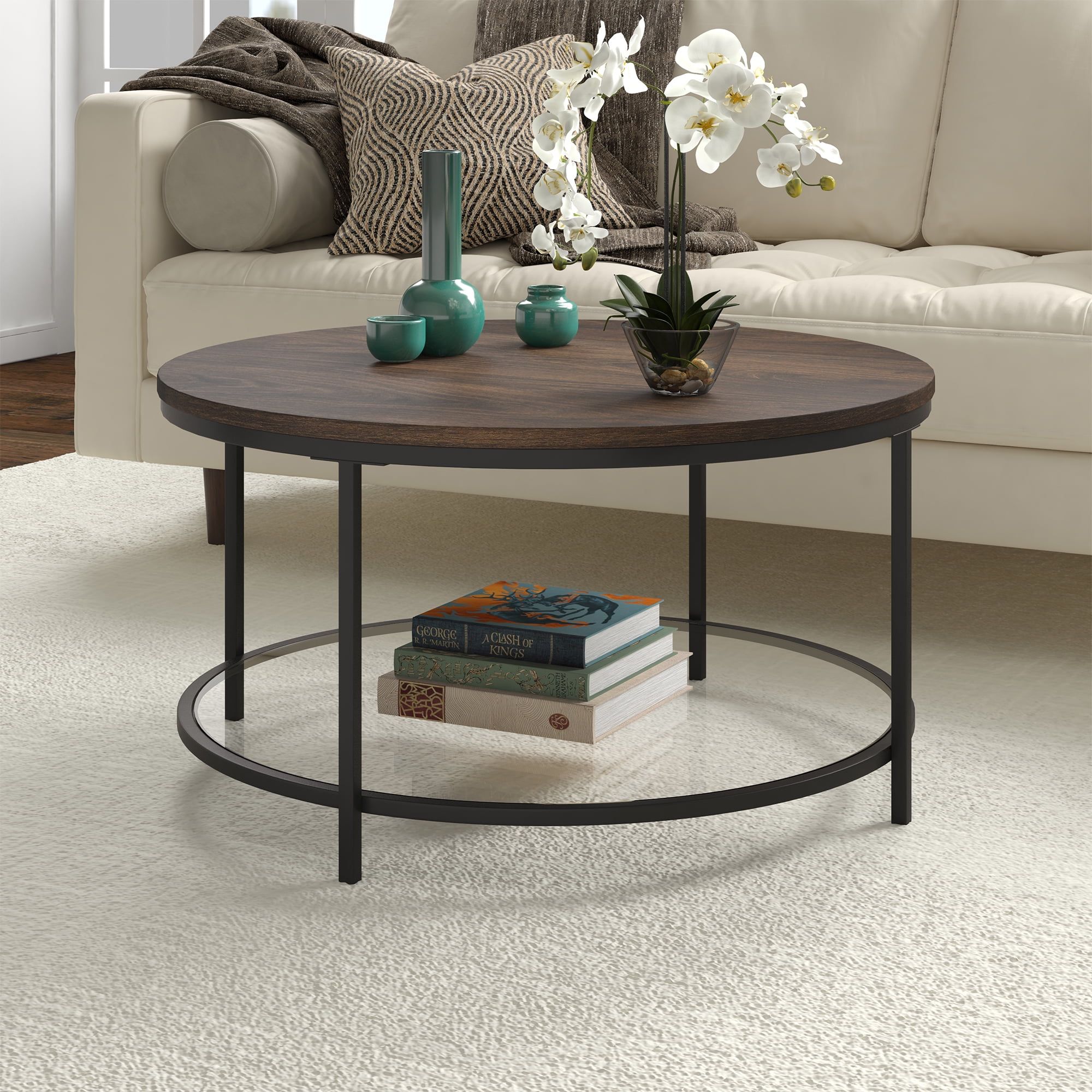 Alder Brown Round Wood and Metal Coffee Table with Glass Shelf