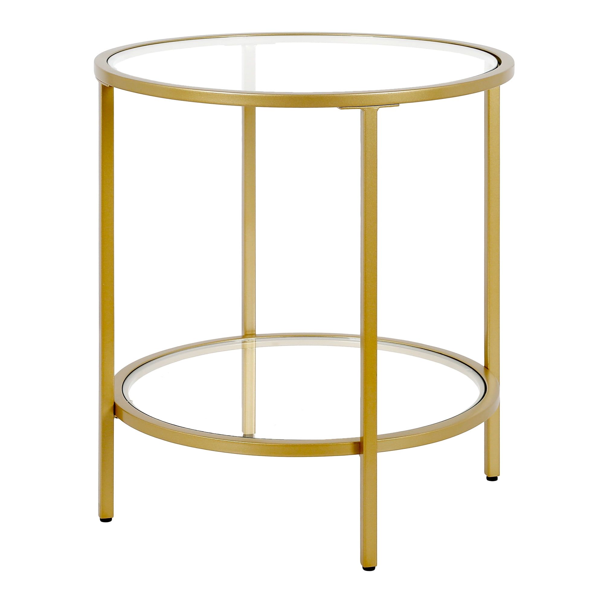 20" Round Brass & Glass Compact Side Table with Shelf