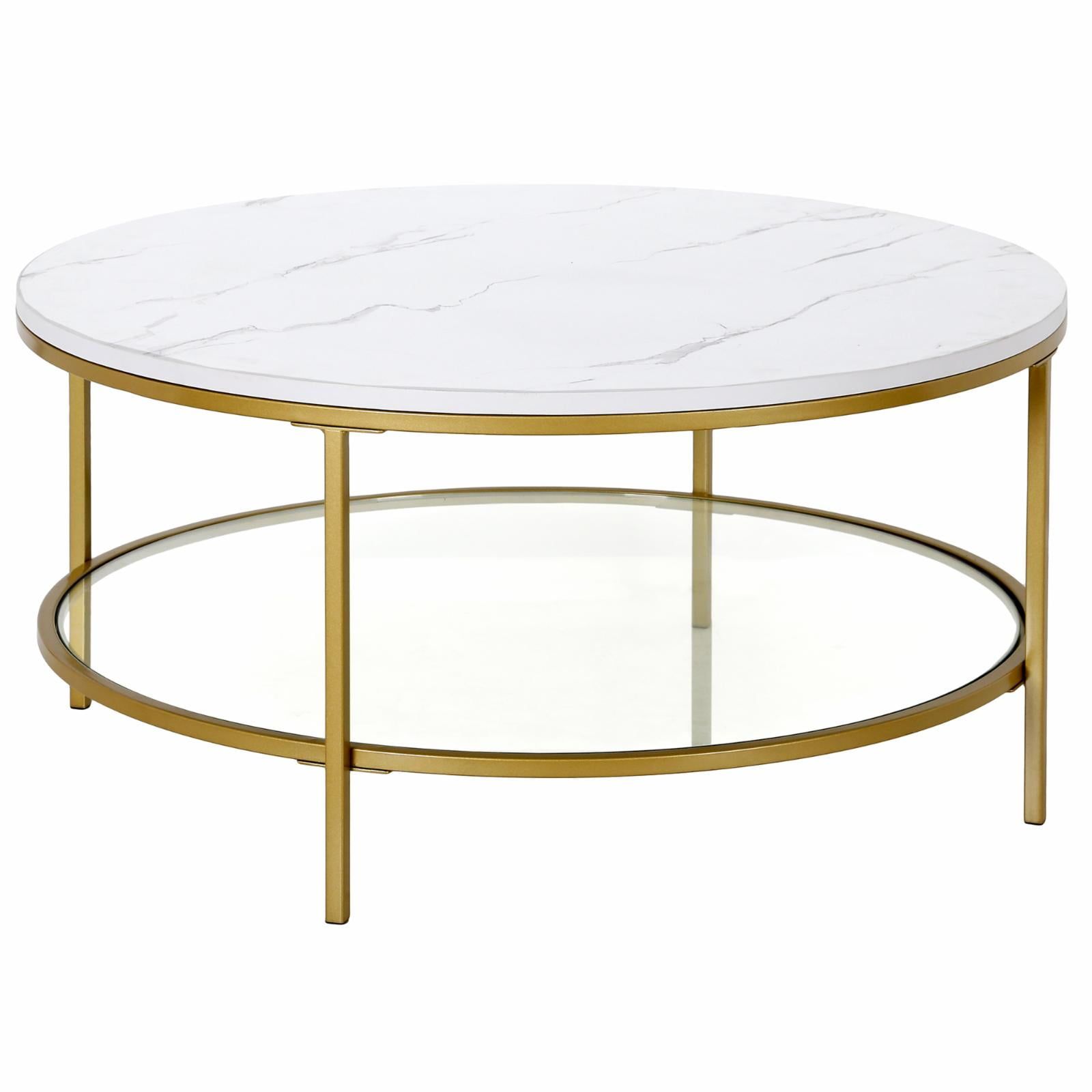 Elegant 36" Round Coffee Table with Faux Marble Top and Gold Finish