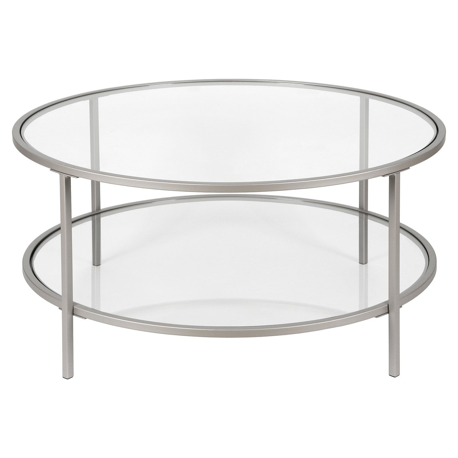 Round Nickel and Glass Coffee Table with Shelf