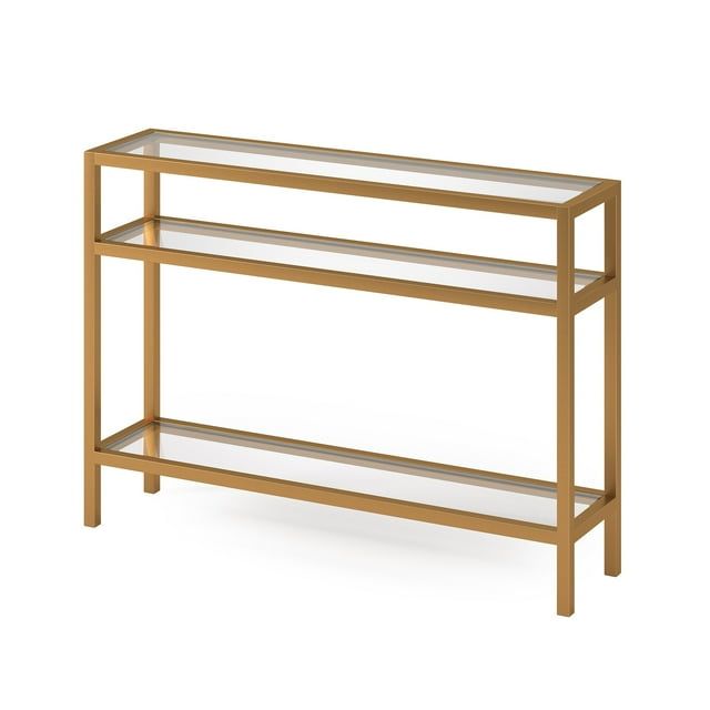Brass Finish Metal and Glass Console Table with Storage