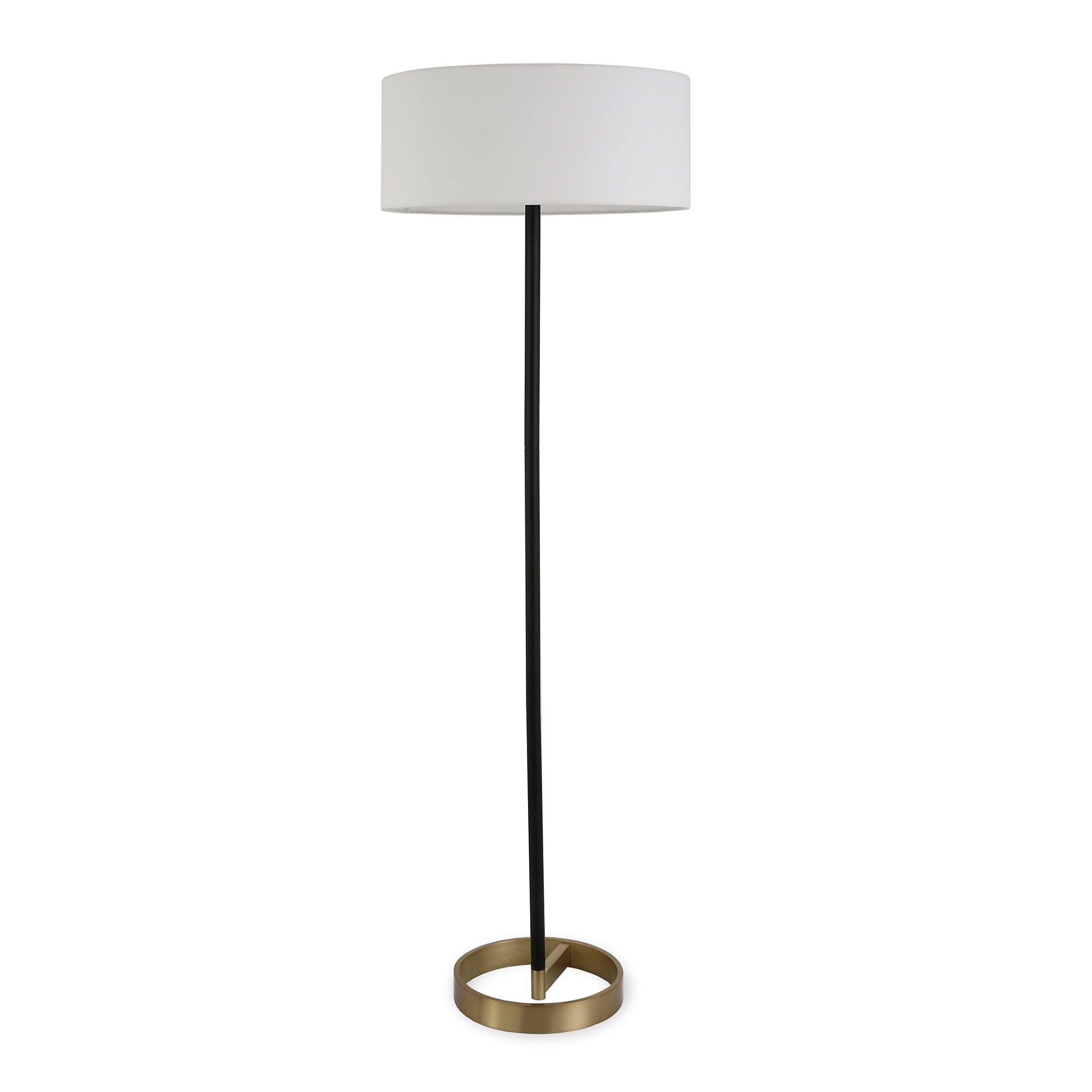 Estella Matte Black and Brass Mid-Century Floor Lamp with Linen Shade