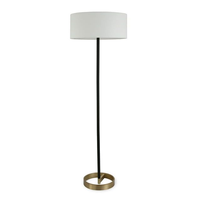 Estella Matte Black and Brass Mid-Century Floor Lamp with Linen Shade