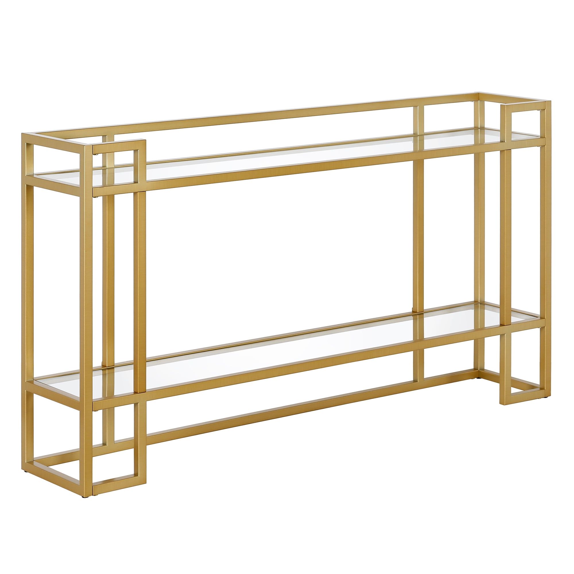 Art Deco-Inspired Brass Console Table with Tempered Glass Shelf