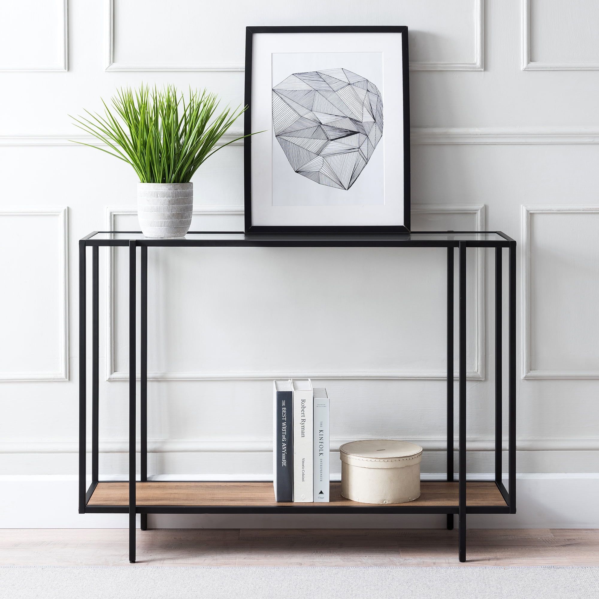 Industrial Blackened Bronze and Oak Hallway Table with Storage