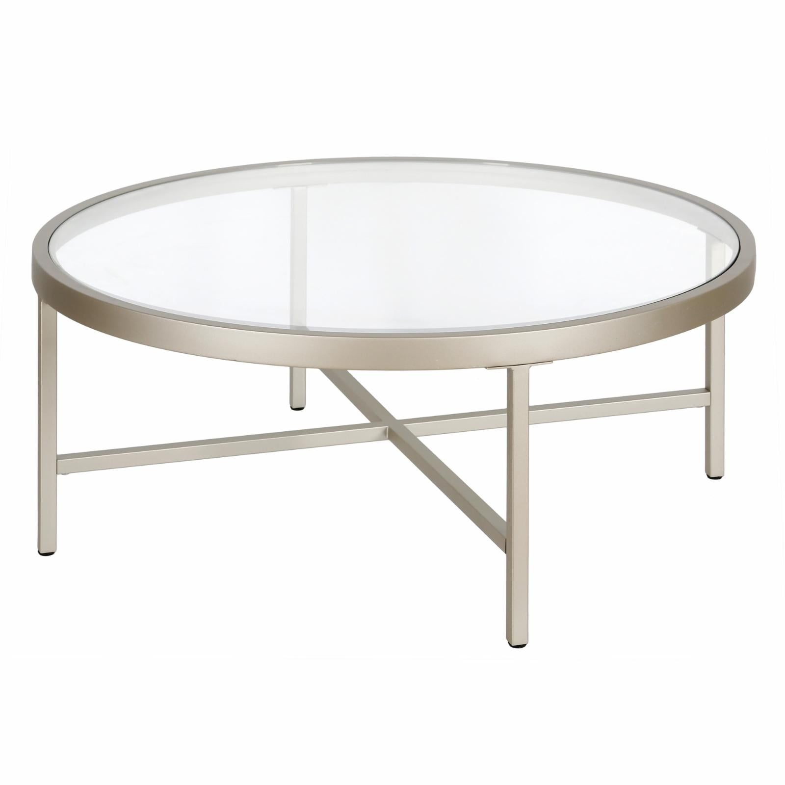 36" Round Satin Nickel Coffee Table with Glass Top