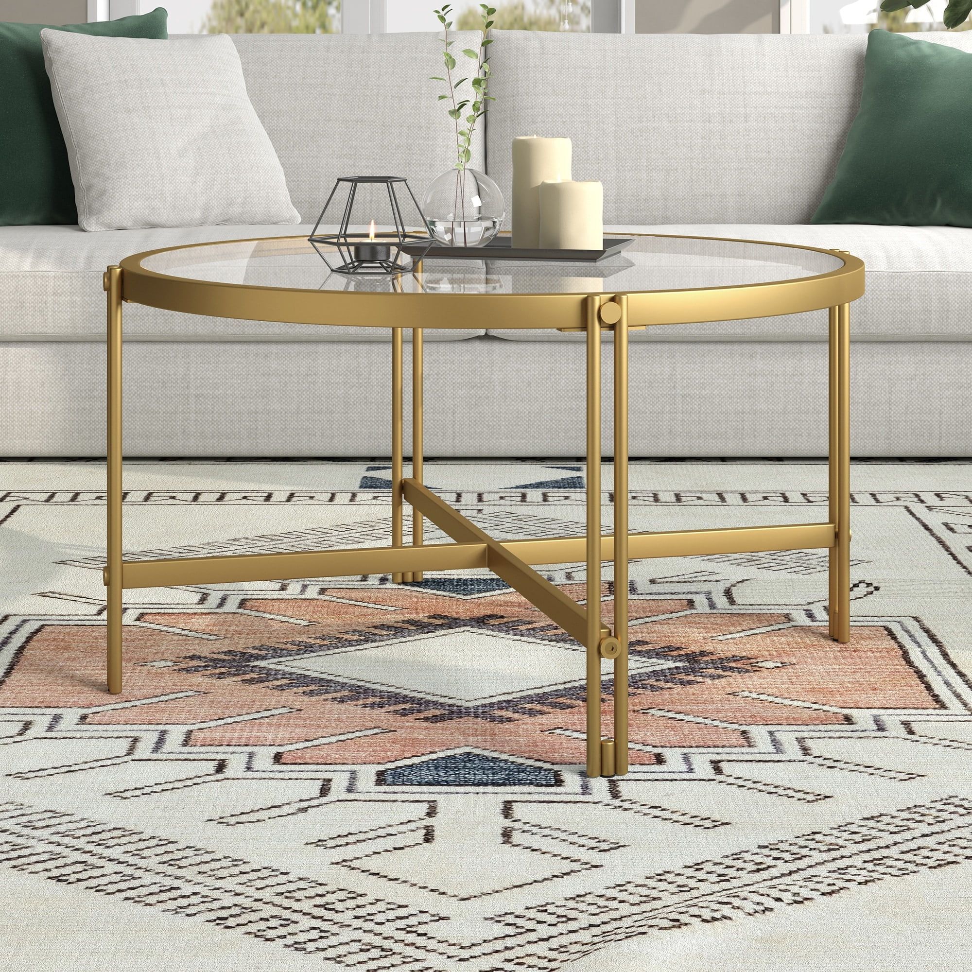 Eloise 32" Brass Round Metal & Glass Coffee Table
