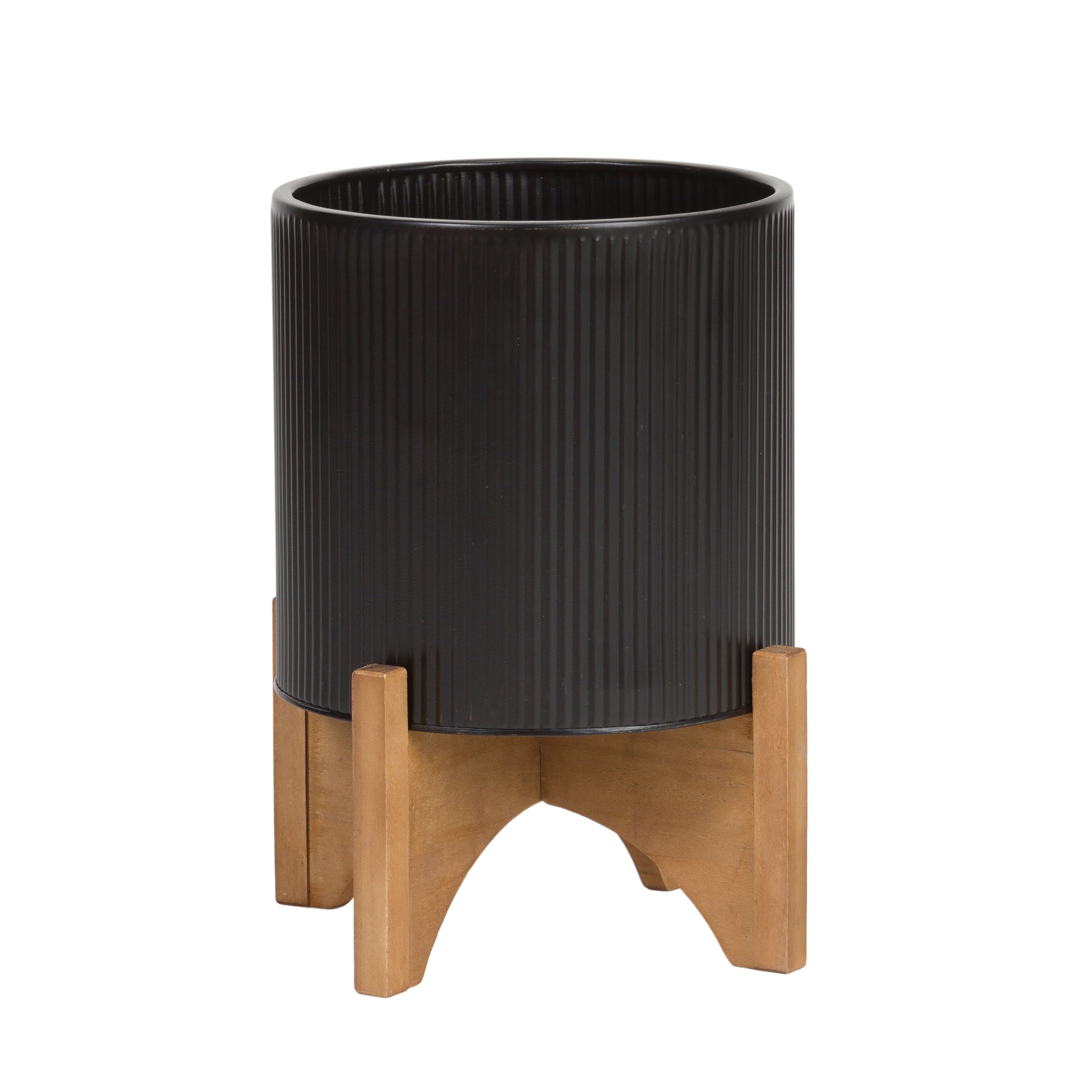 Everett Black Metal Indoor Planter with Arch Wood Base