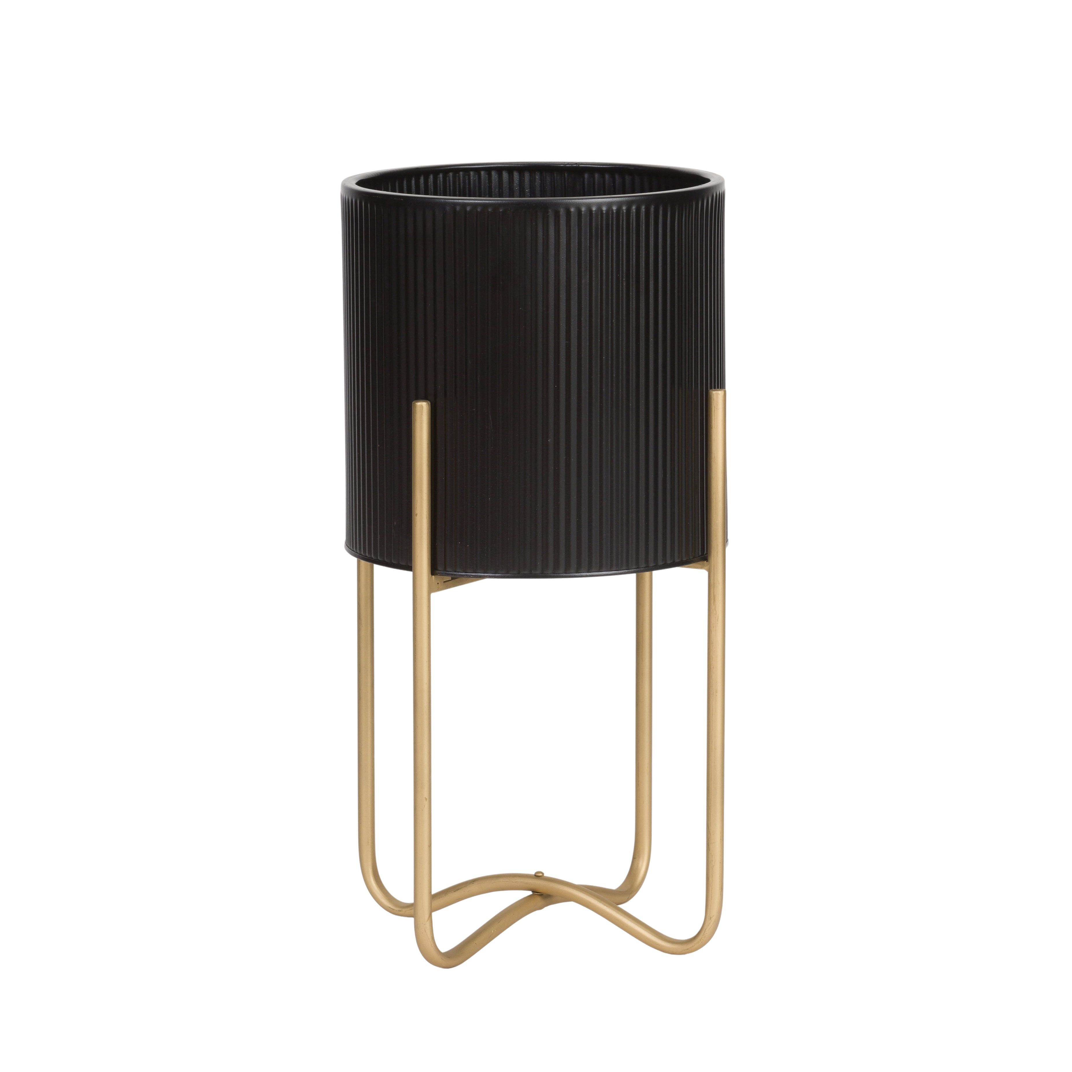 Everett Black and Gold Mid-Century Modern Metal Pot Planter with Tall Base