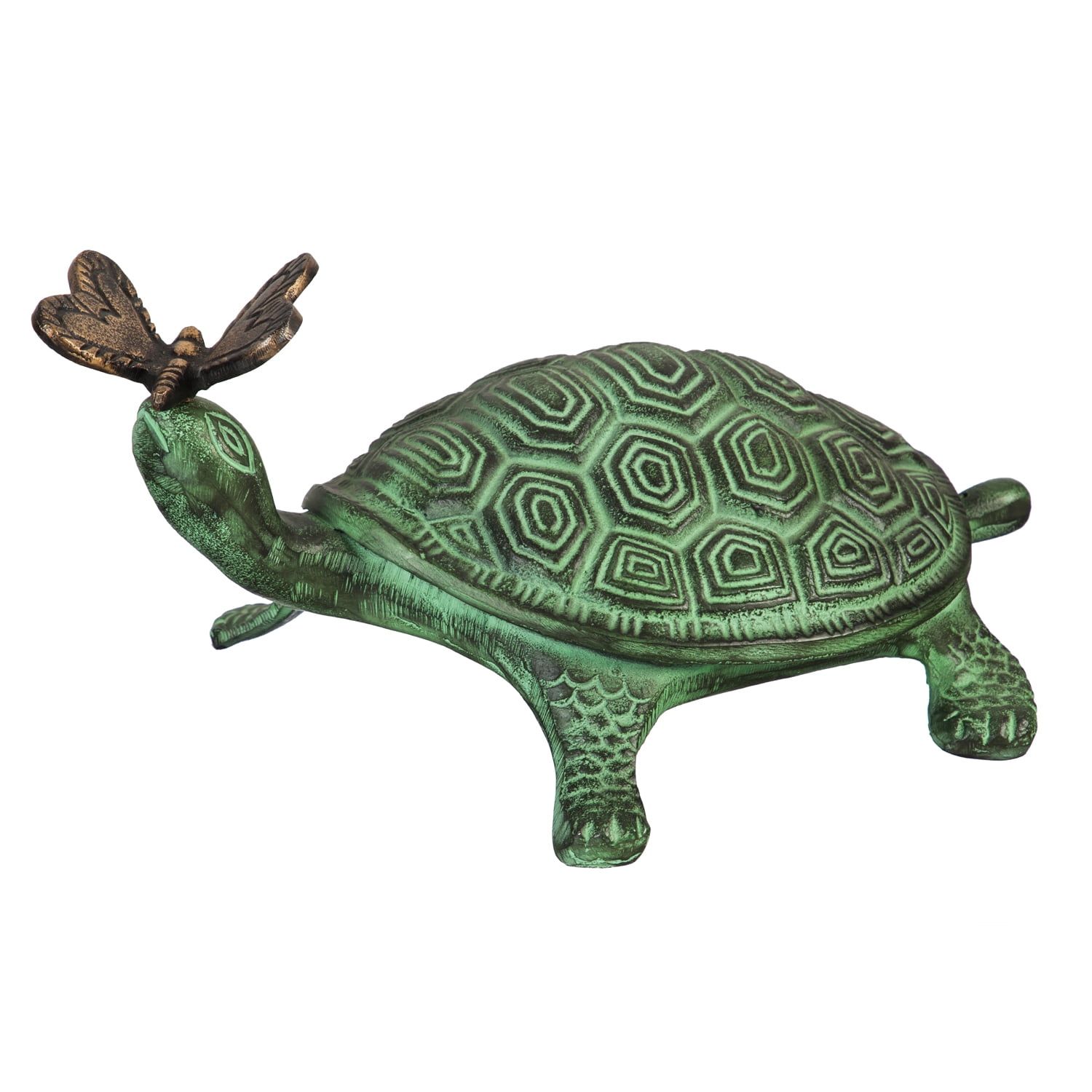 Verdigris Green Metal Turtle Garden Sculpture with Bronze Butterfly