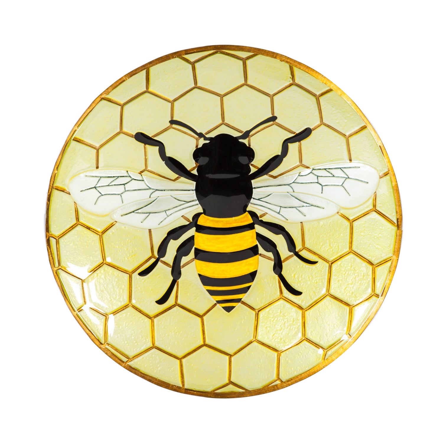 Yellow Honeycomb Glass Bird Bath with Bumble Bee Design