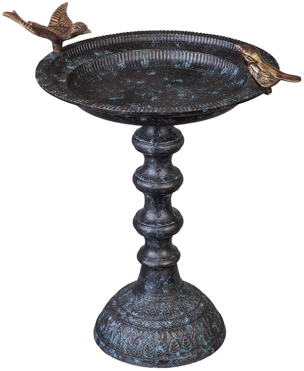 Ornate Cast Iron Bird Bath with Bronze Birds