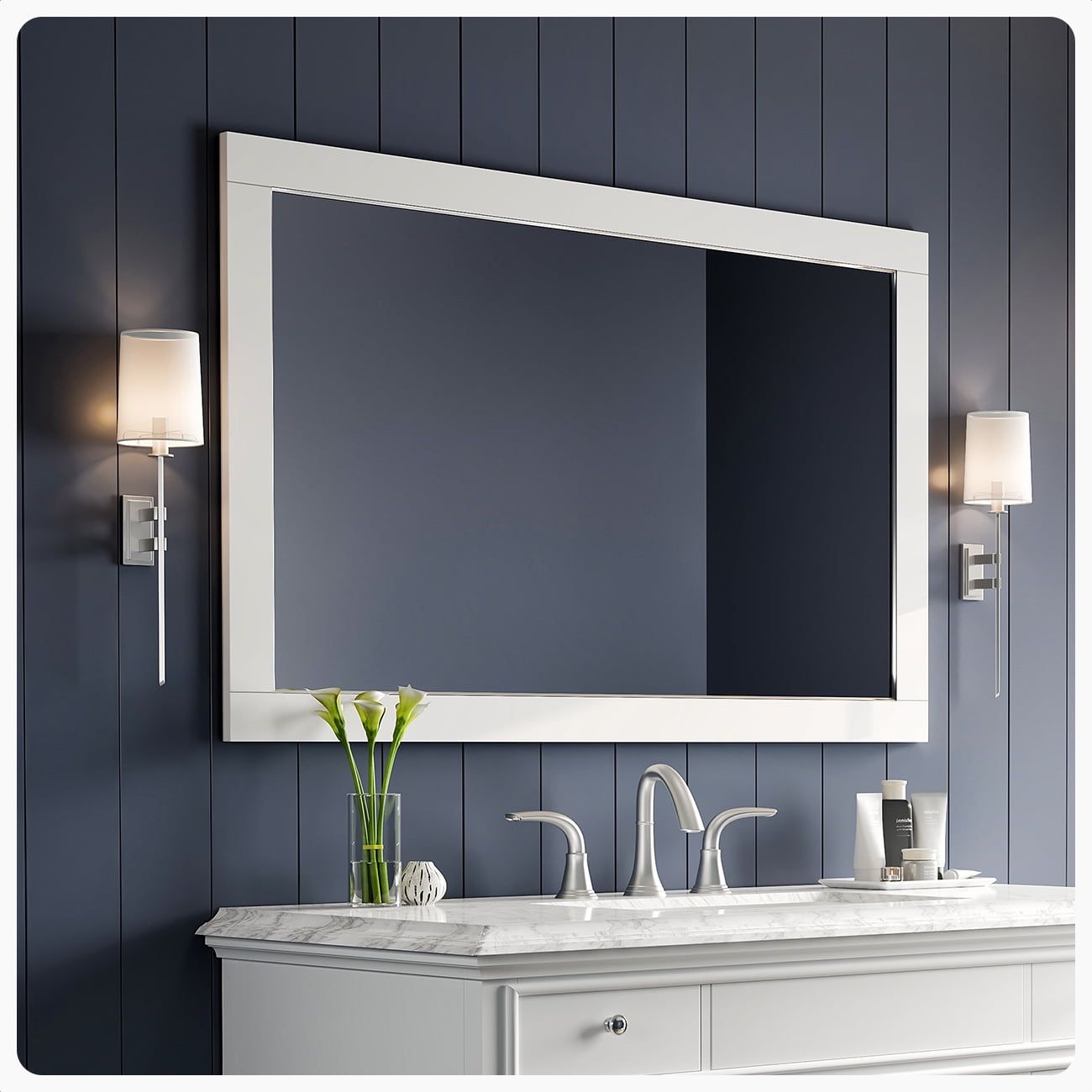 Aberdeen 48" White Wood Rectangular Bathroom Vanity Mirror