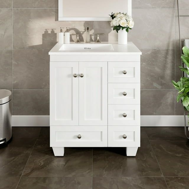 White Solid Wood Bathroom Vanity with Carrara Quartz Top and Sink