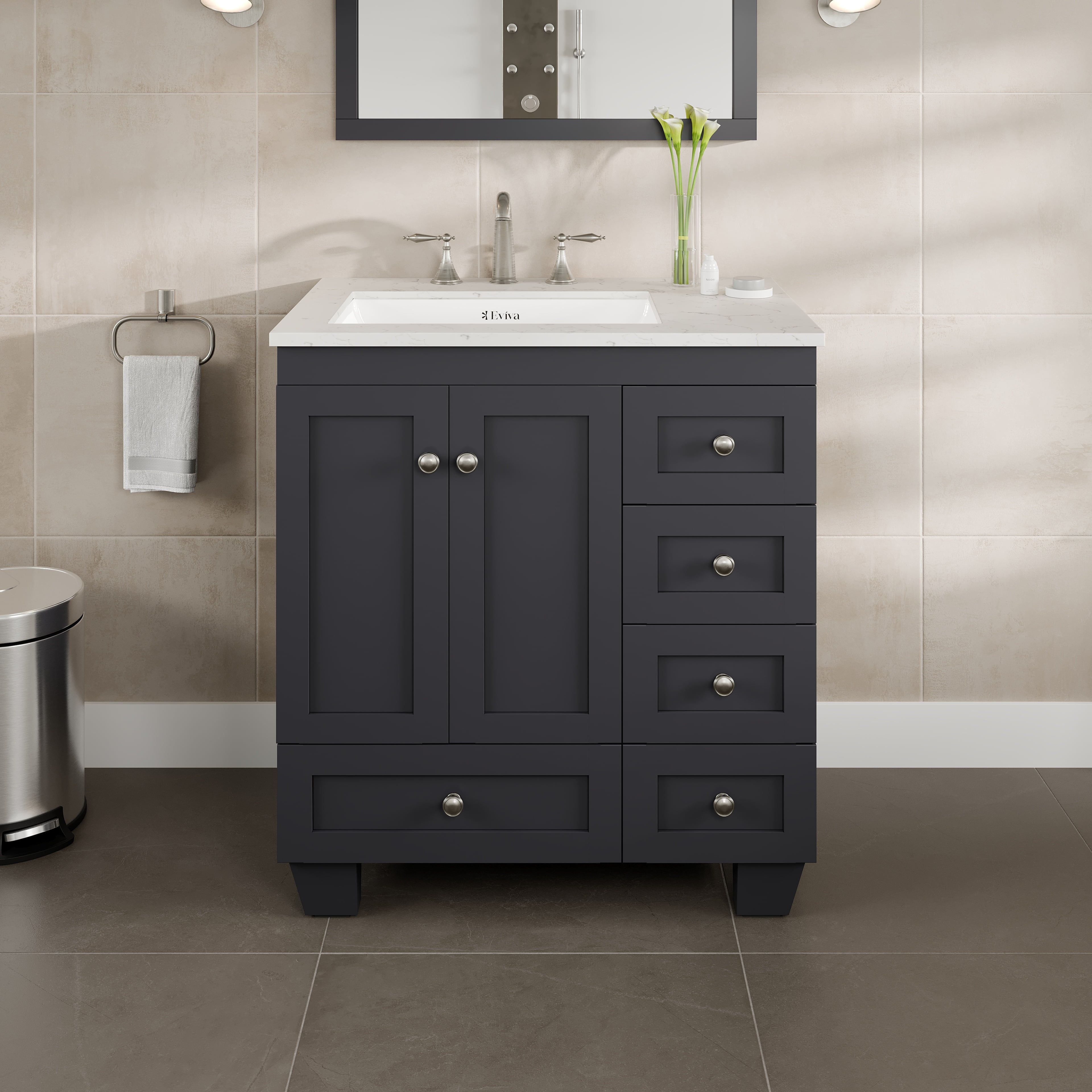 Dark Gray 30" Freestanding Bathroom Vanity with Quartz Top