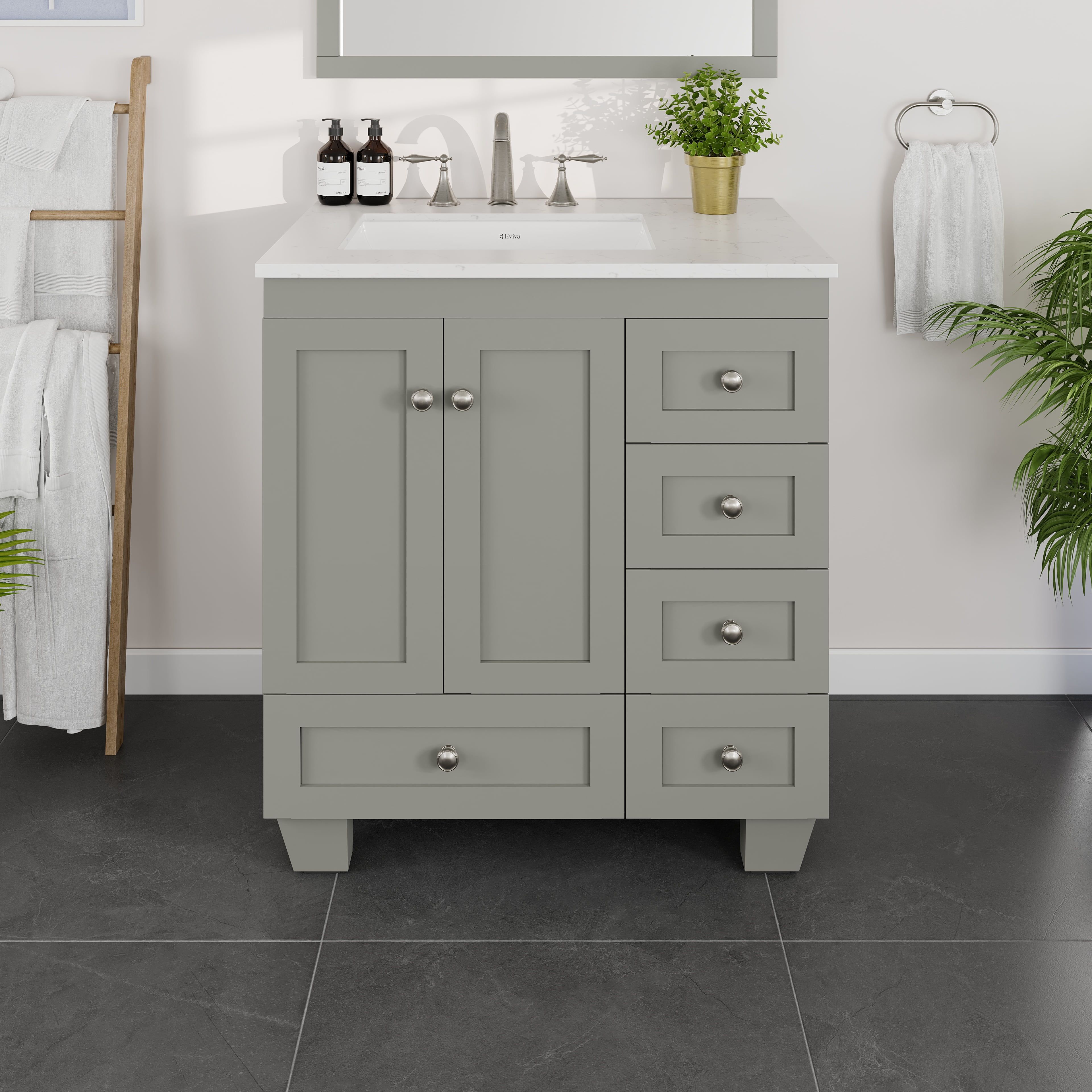 Gray 30" Freestanding Bathroom Vanity with White Quartz Top