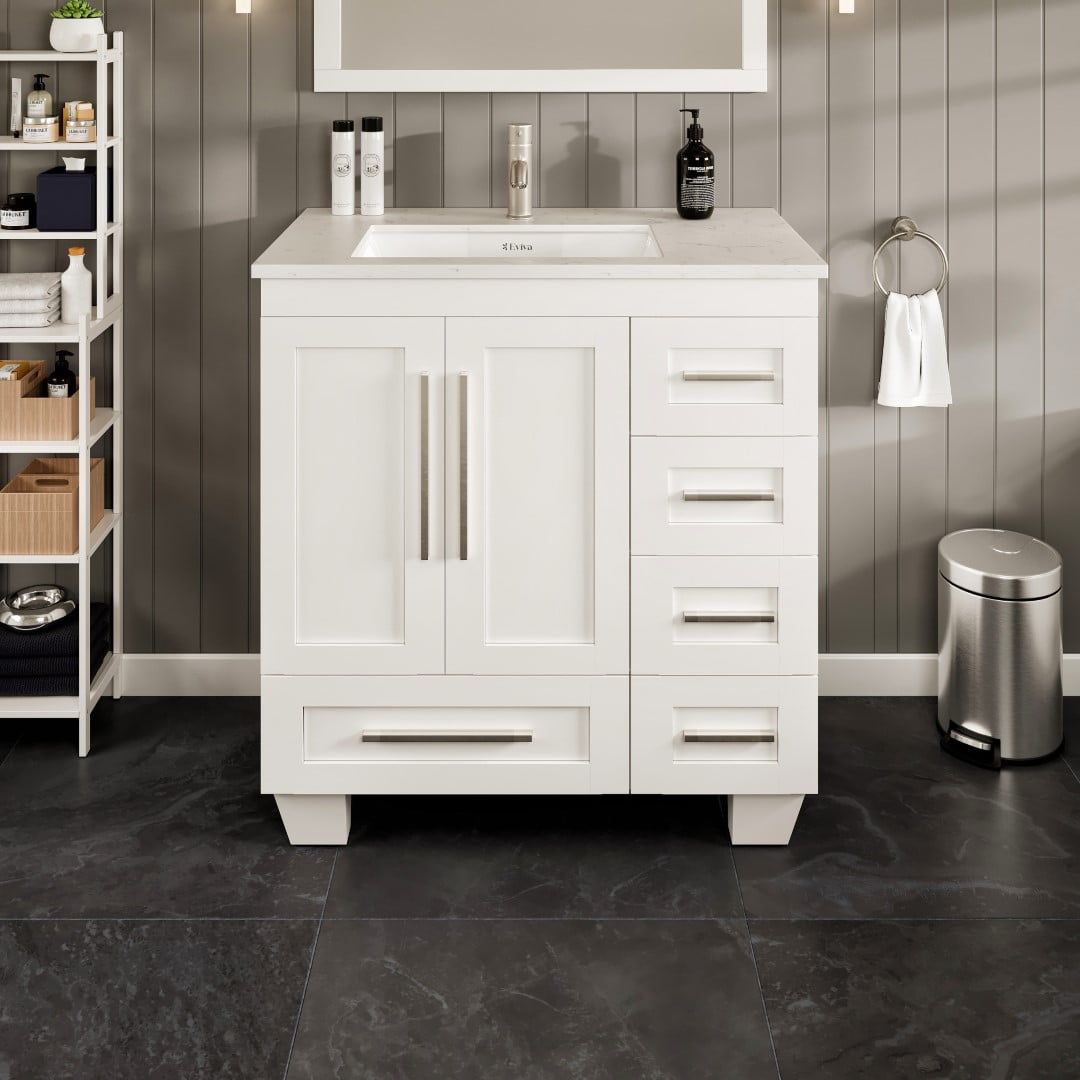 Eviva 30" White Wood Bathroom Vanity with Carrara Marble Top