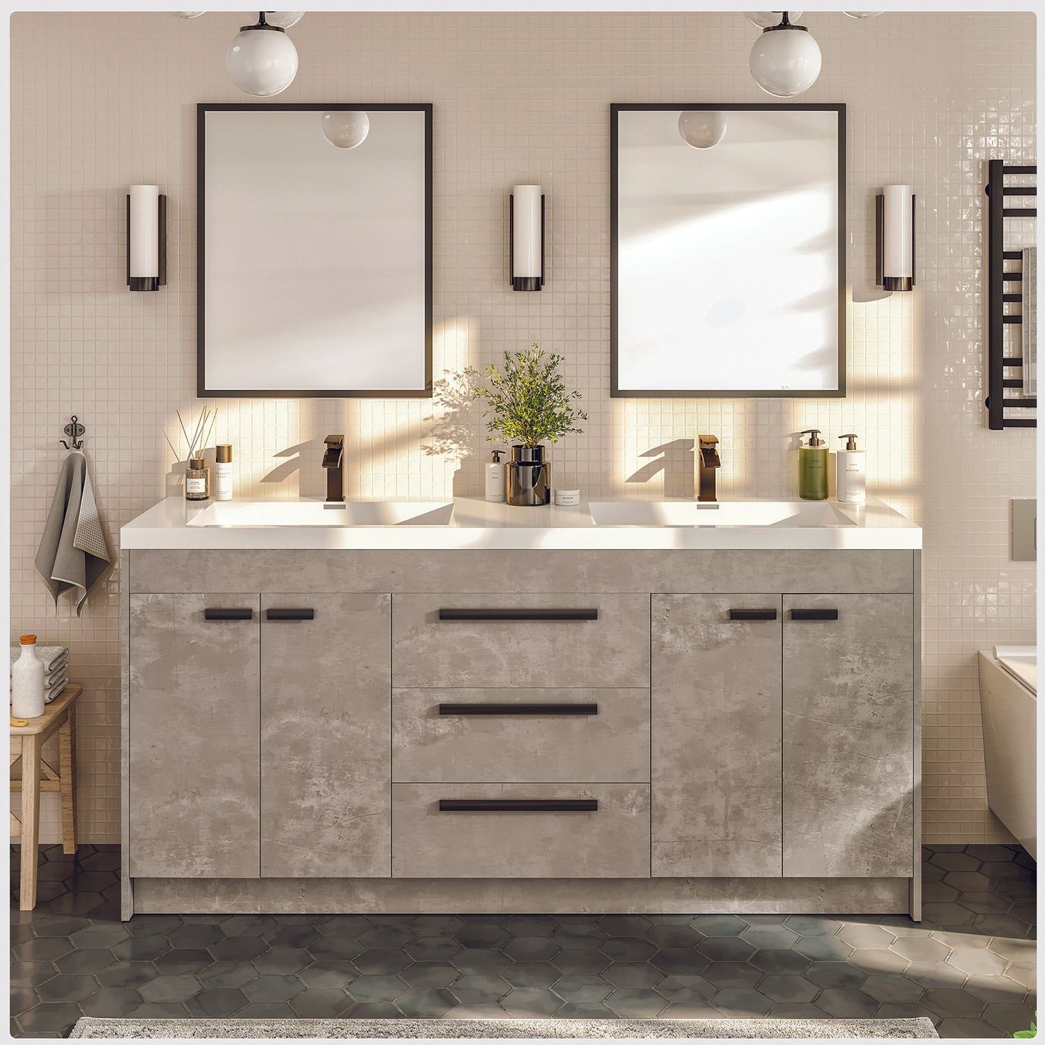 Lugano 60" Cement Gray Double Sink Modern Bathroom Vanity