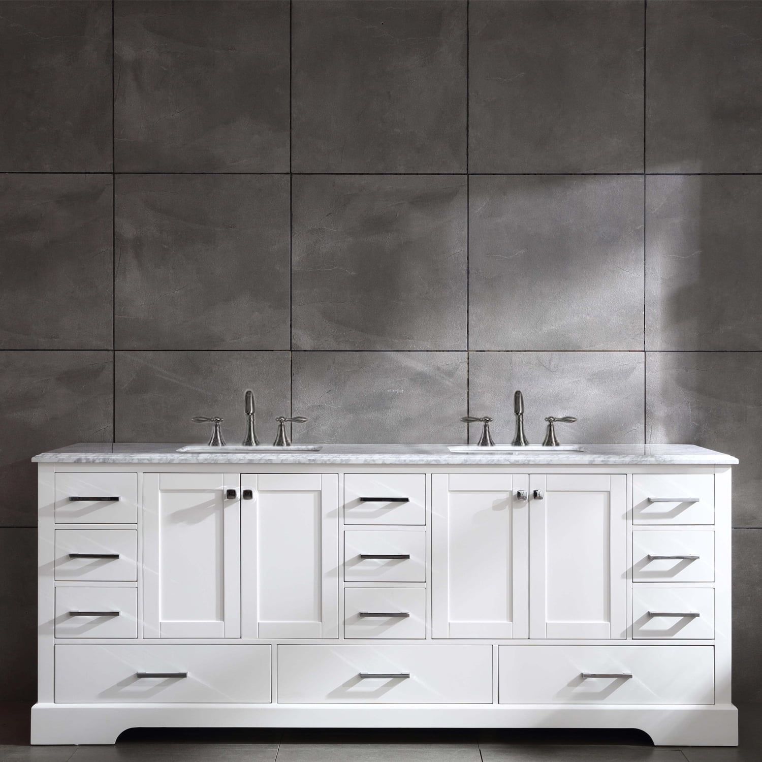 Eviva Storehouse 84" White Double Vanity with Carrara Marble Top