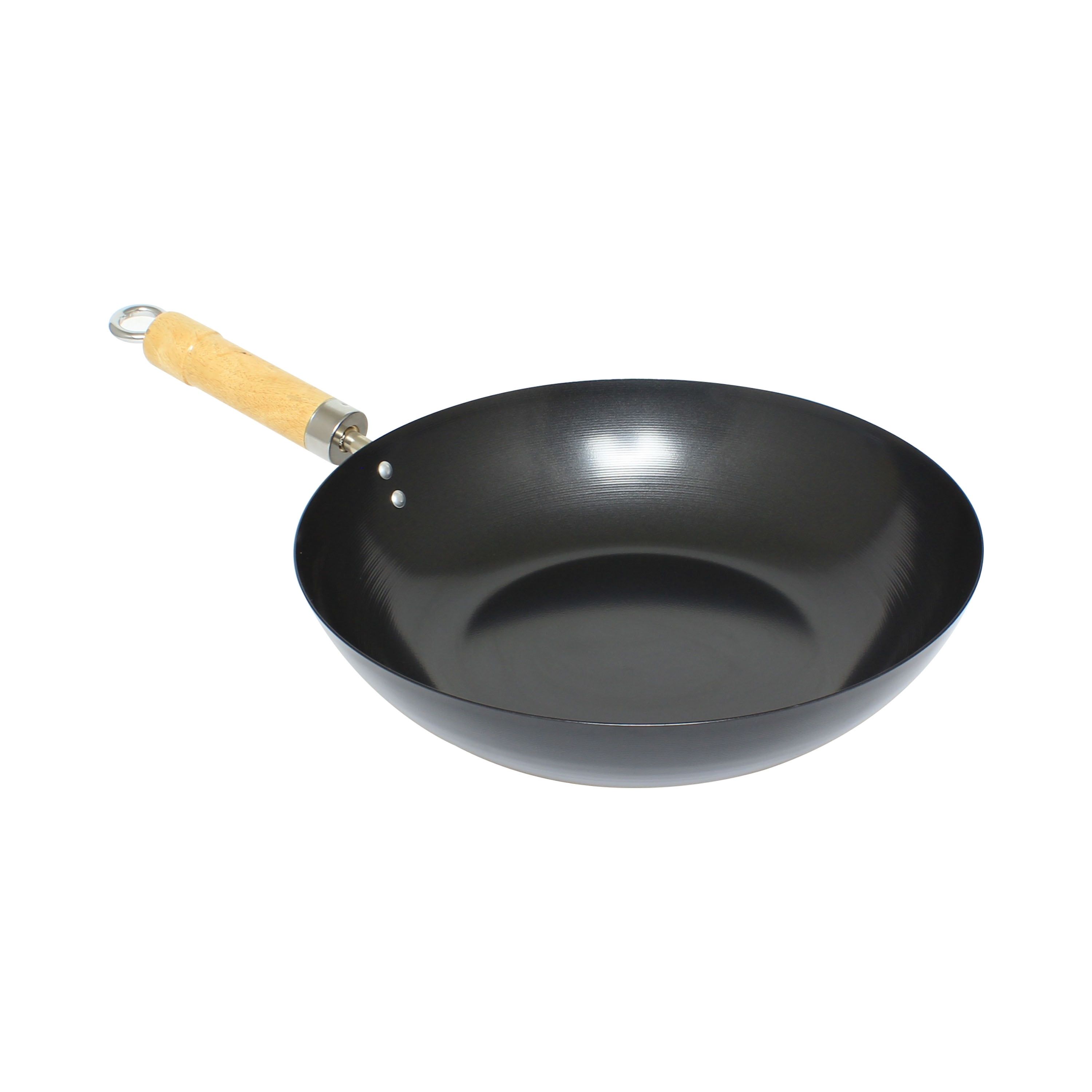 12-Inch Black Carbon Steel Wok with Wooden Handle